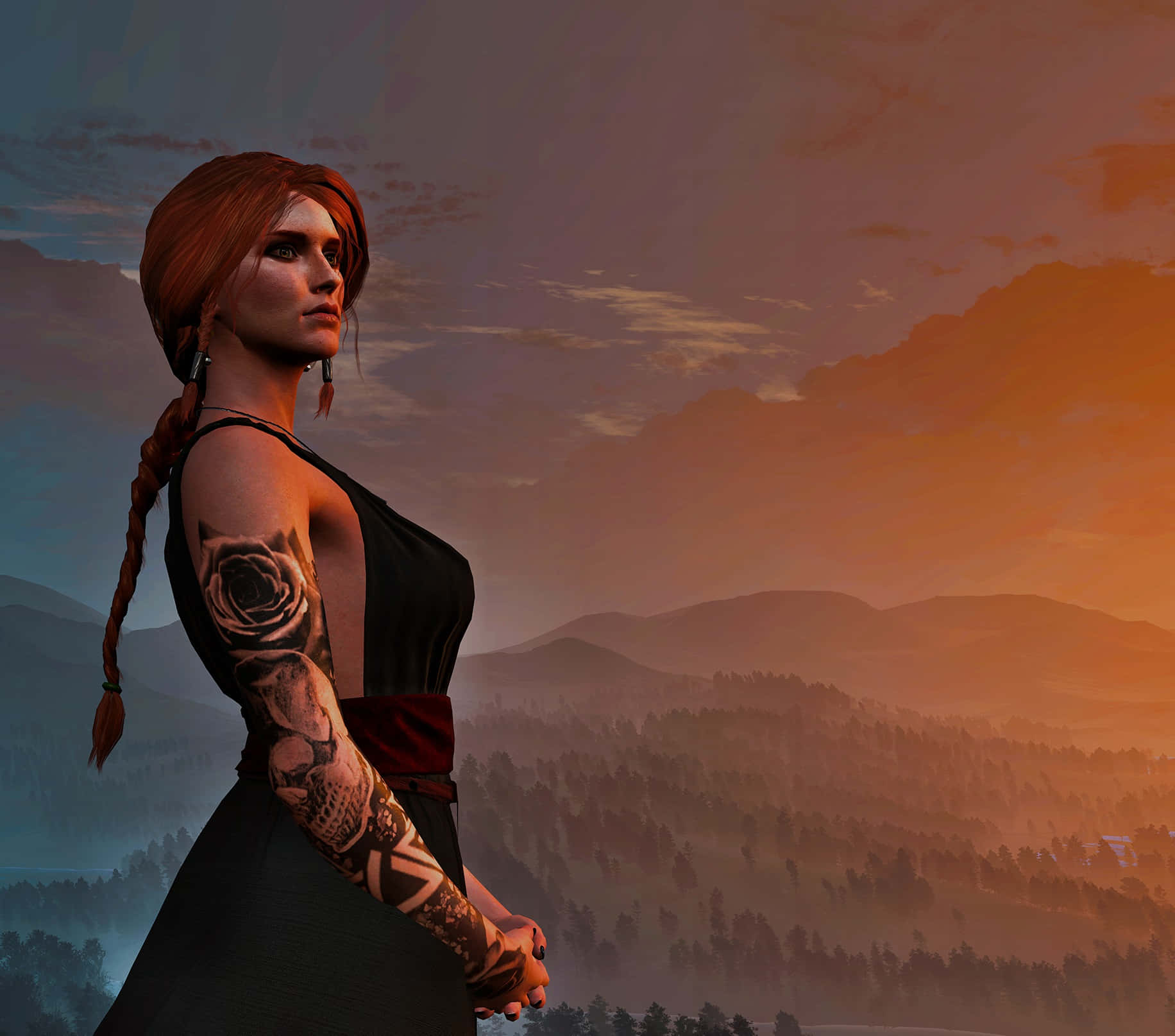 Triss Merigold, red braided hair, fiery sunset, HD Desktop Wallpaper