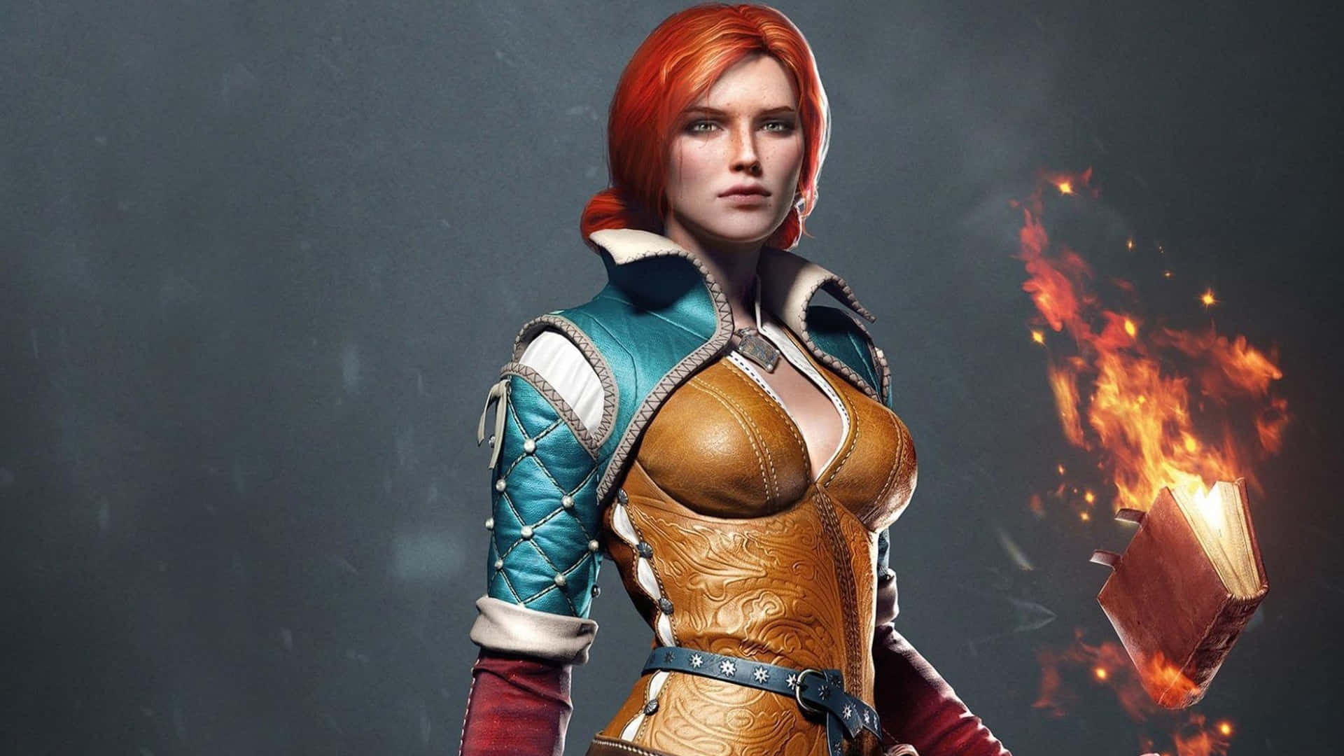 Triss Merigold, fire magic, flaming book, Full HD Desktop Wallpaper
