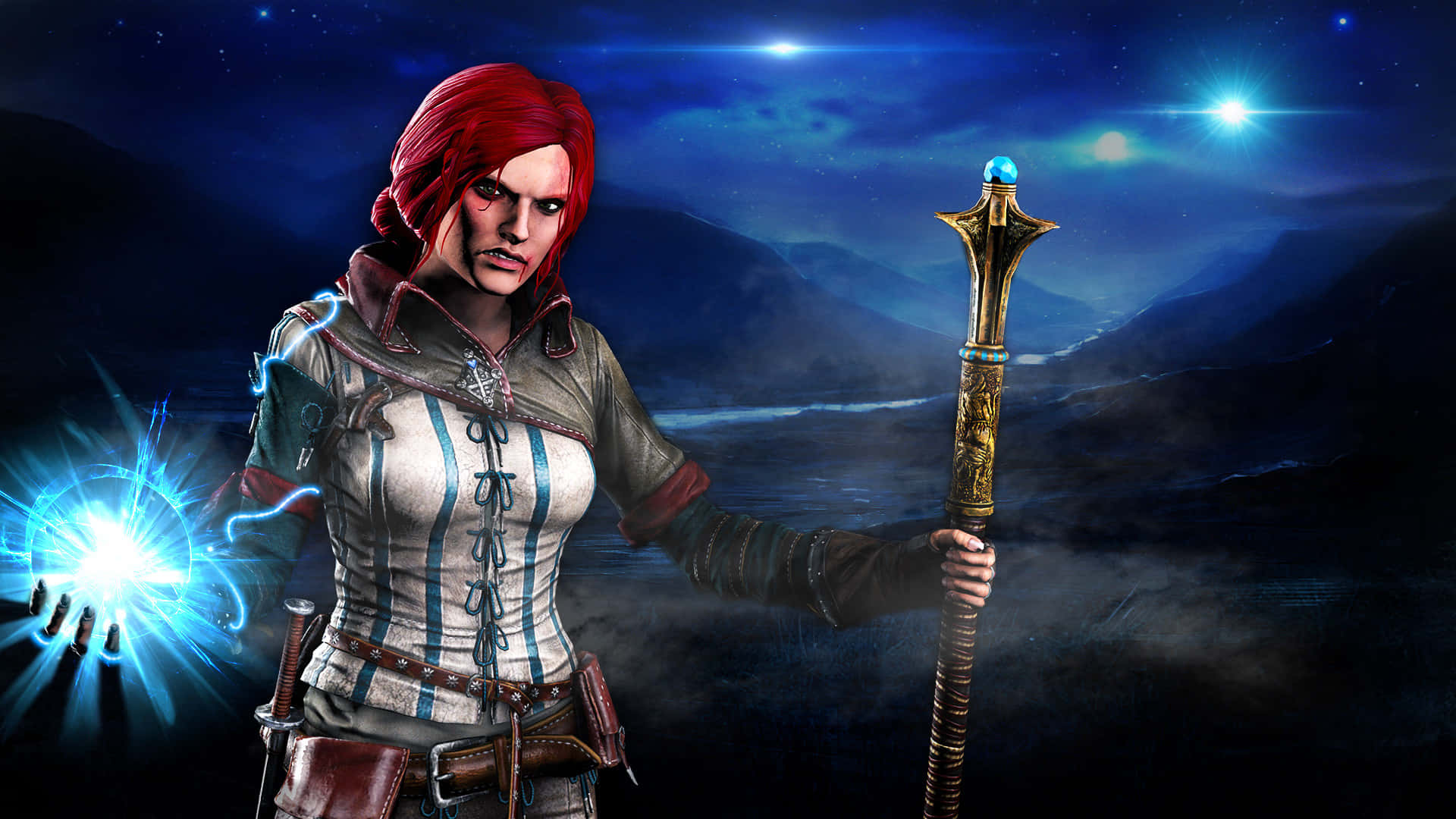 Triss Merigold, red-haired witch warrior, starlit mountain valley, Full HD Desktop Wallpaper