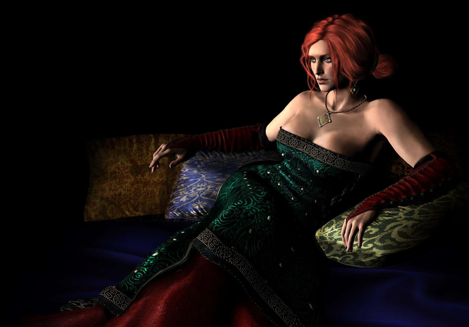 Triss Merigold, elegant repose, fiery red hair, HD Desktop Wallpaper