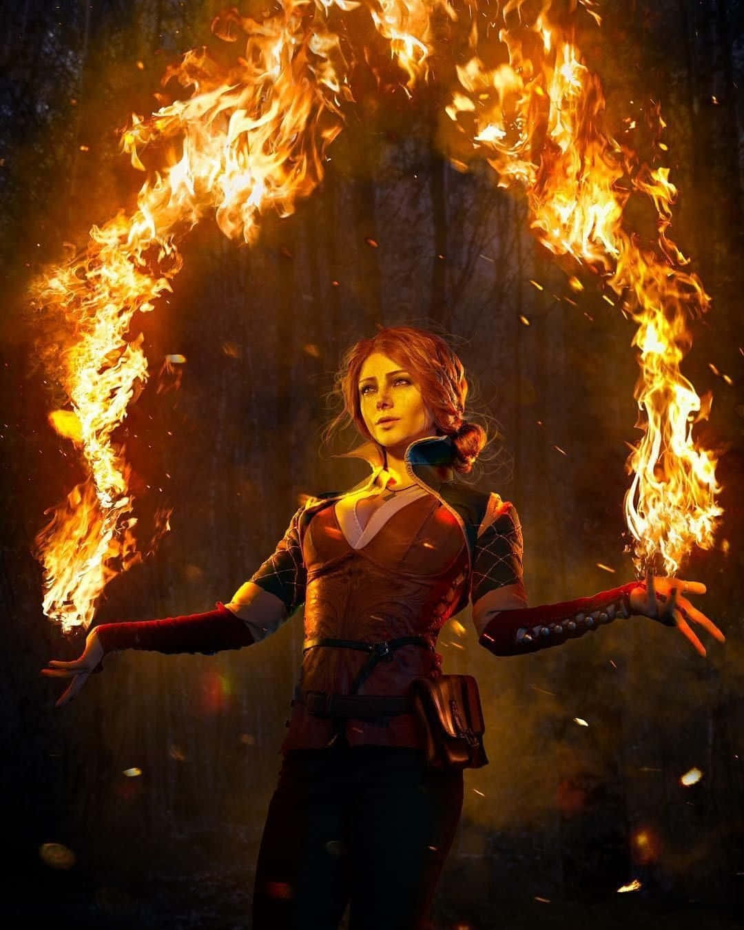 Triss Merigold, fire magic, fantasy armor, HD Phone Wallpaper