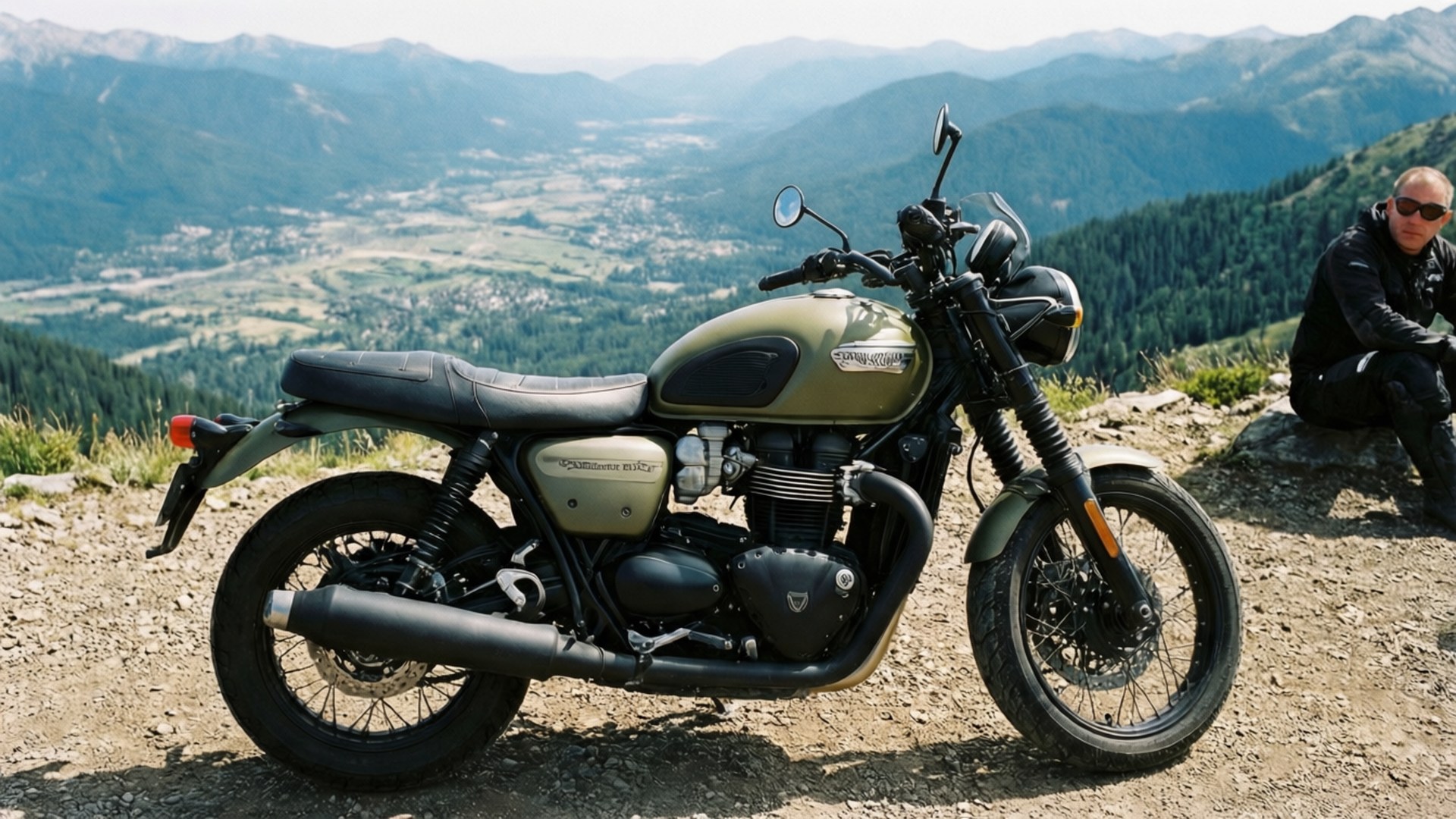 matte olive green, Triumph Bonneville, mountain overlook, Full HD Desktop Wallpaper