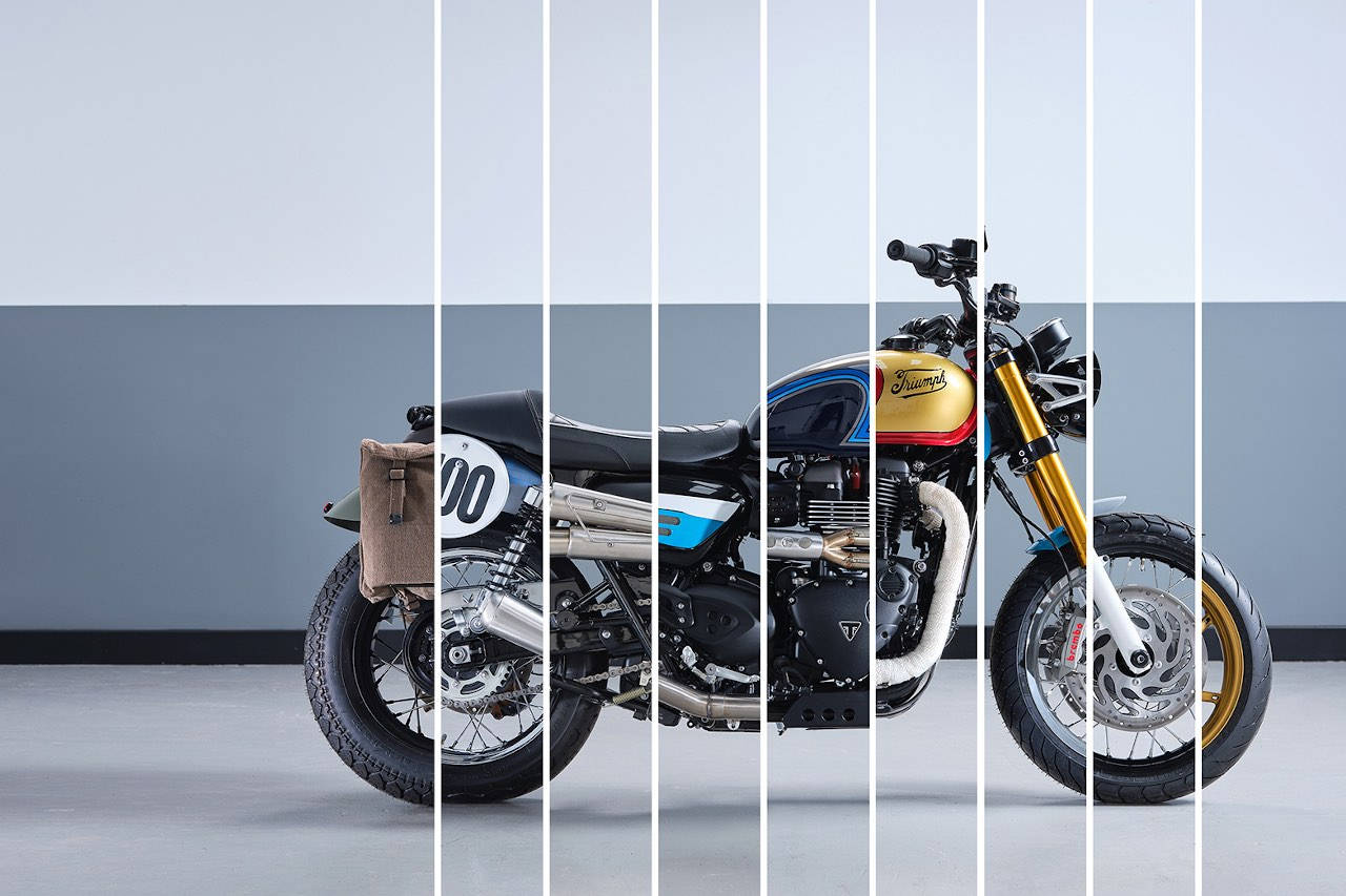 Triumph Bonneville, gold and blue accents, vertical panels, HD Desktop Wallpaper