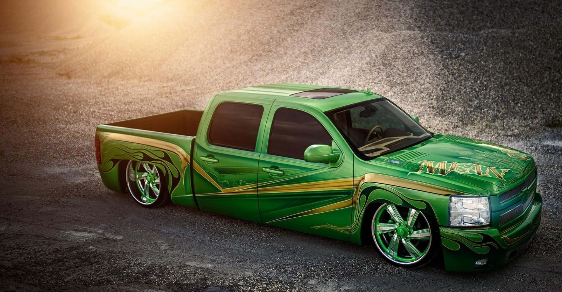 custom green flamed pickup truck, gold flame decals, chrome wheels, Full HD Desktop Wallpaper