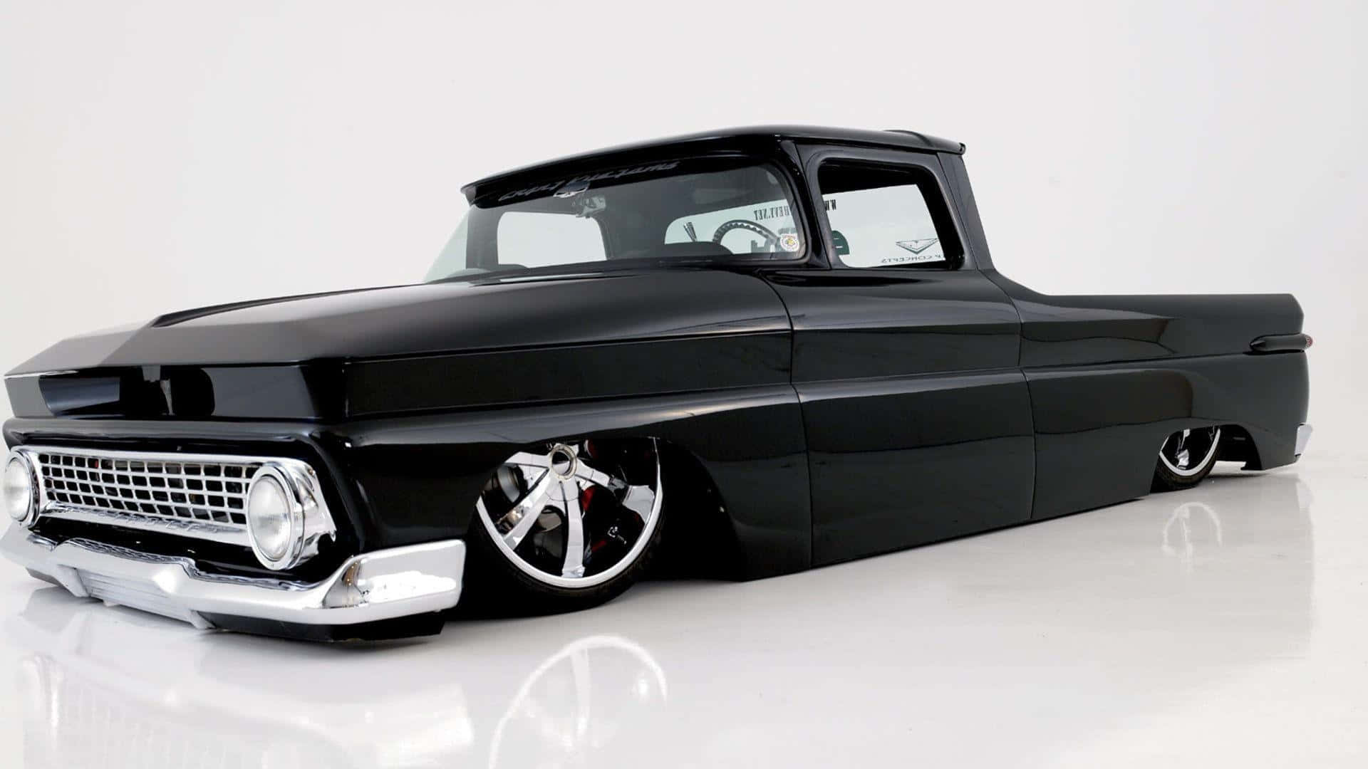 custom lowered black pickup truck, glossy black, classic lowrider, Full HD Desktop Wallpaper