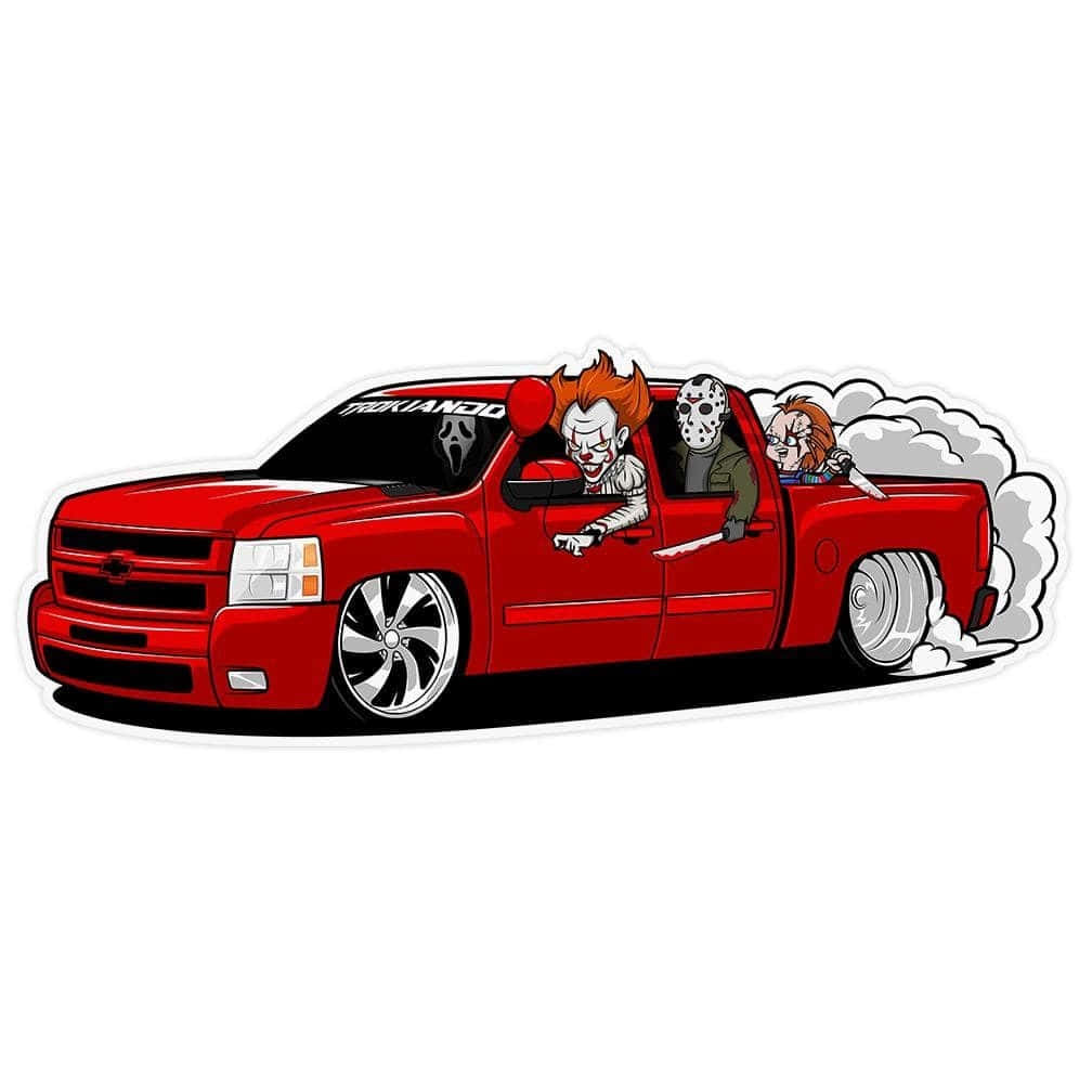red cartoon pickup truck, horror movie villains, smoke from the tires, SD Desktop Wallpaper