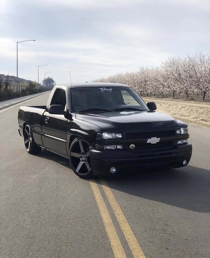 Chevrolet pickup truck, glossy black, custom wheels, SD Phone Wallpaper