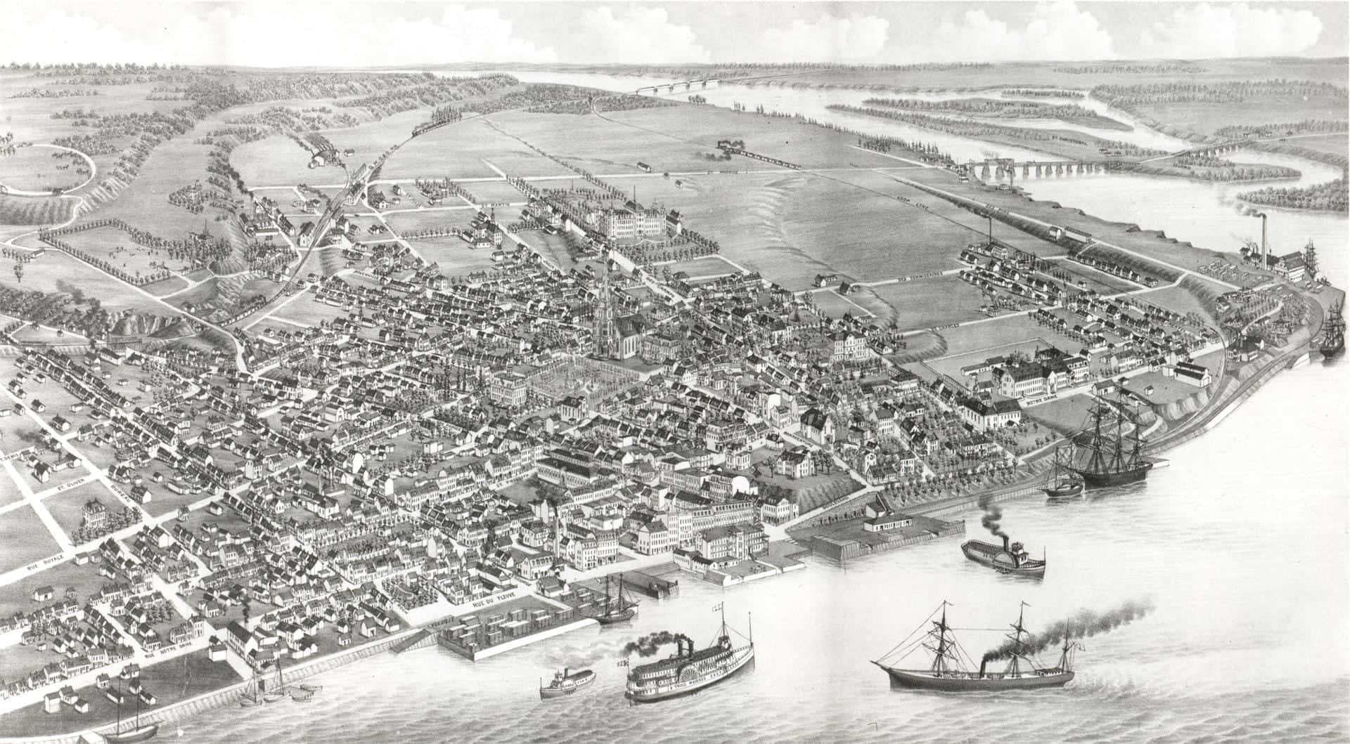 Trois Rivieres, 19th-century river port town, steamships, Full HD Desktop Wallpaper