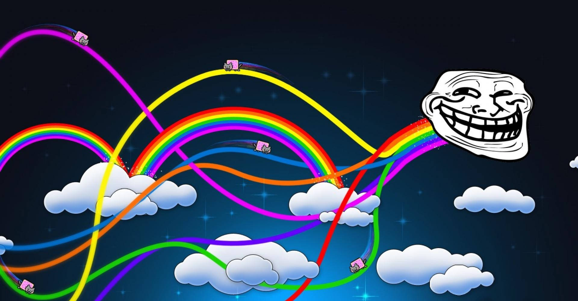 Troll Face, colorful rainbows, starry night sky, Full HD Desktop Wallpaper