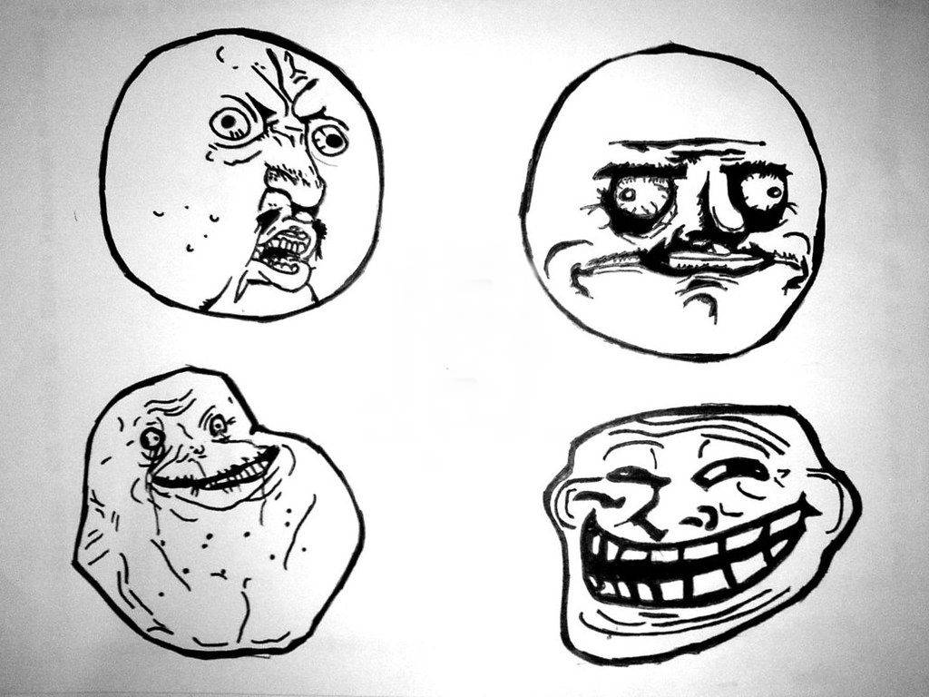 Troll Face, bold black ink, white paper, SD Desktop Wallpaper