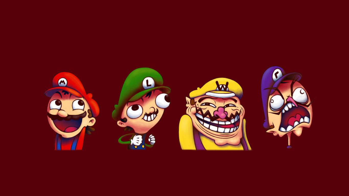Troll Face, deep red background, four exaggerated cartoon characters, HD Desktop Wallpaper