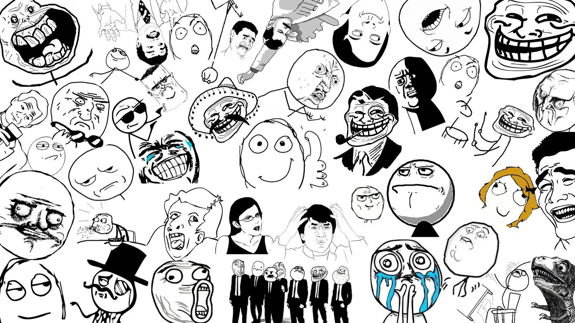 Troll Face, black and white line art, chaotic collage, Full HD Desktop Wallpaper