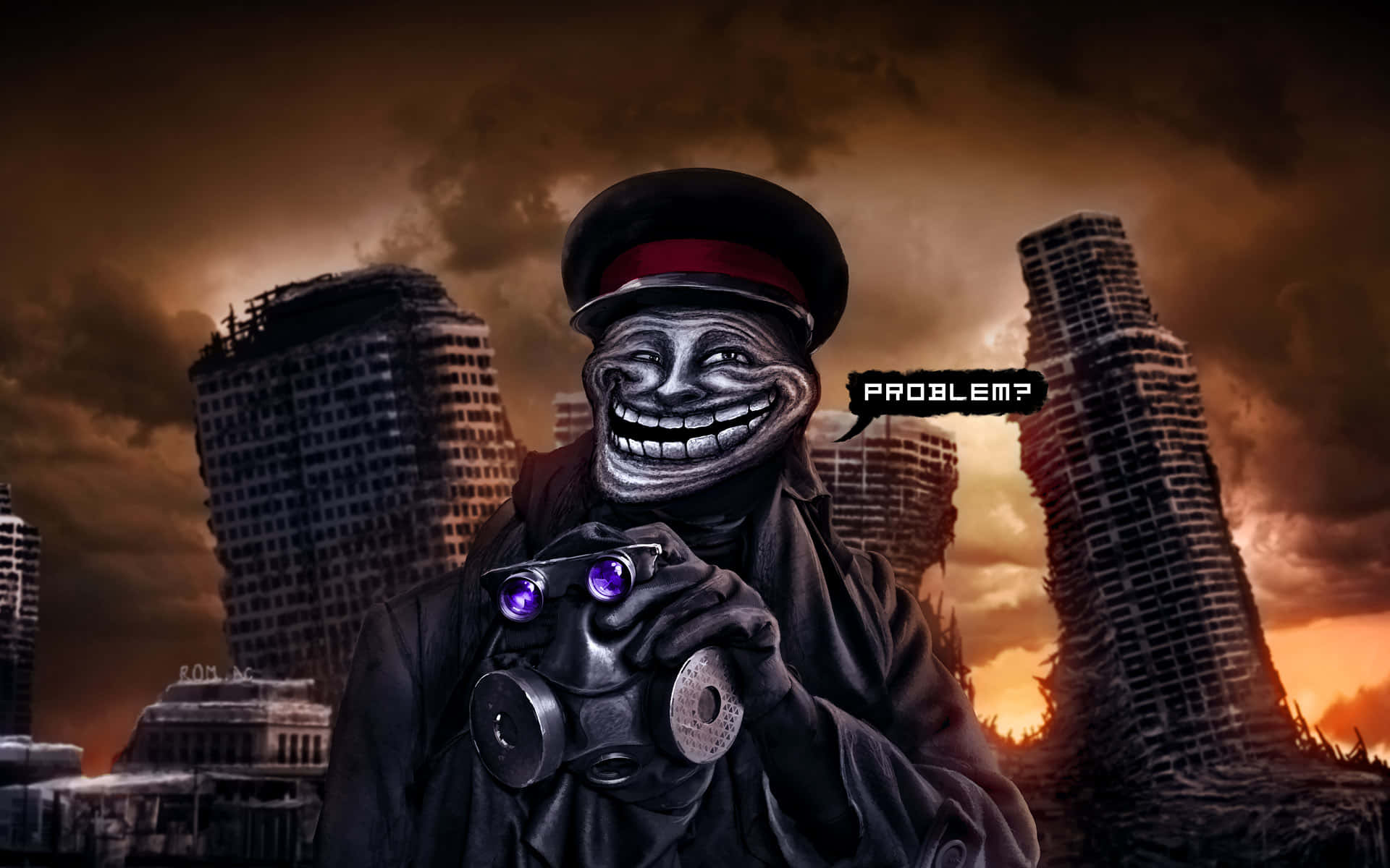 Troll Face, military hat, binoculars, Full HD Desktop Wallpaper