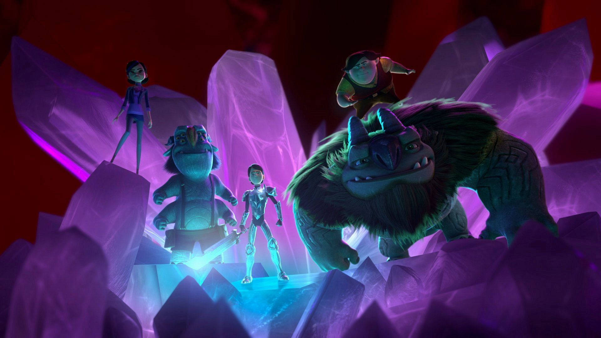 Trollhunters Tales of Arcadia, glowing purple crystals, mystical cavern, Full HD Desktop Wallpaper