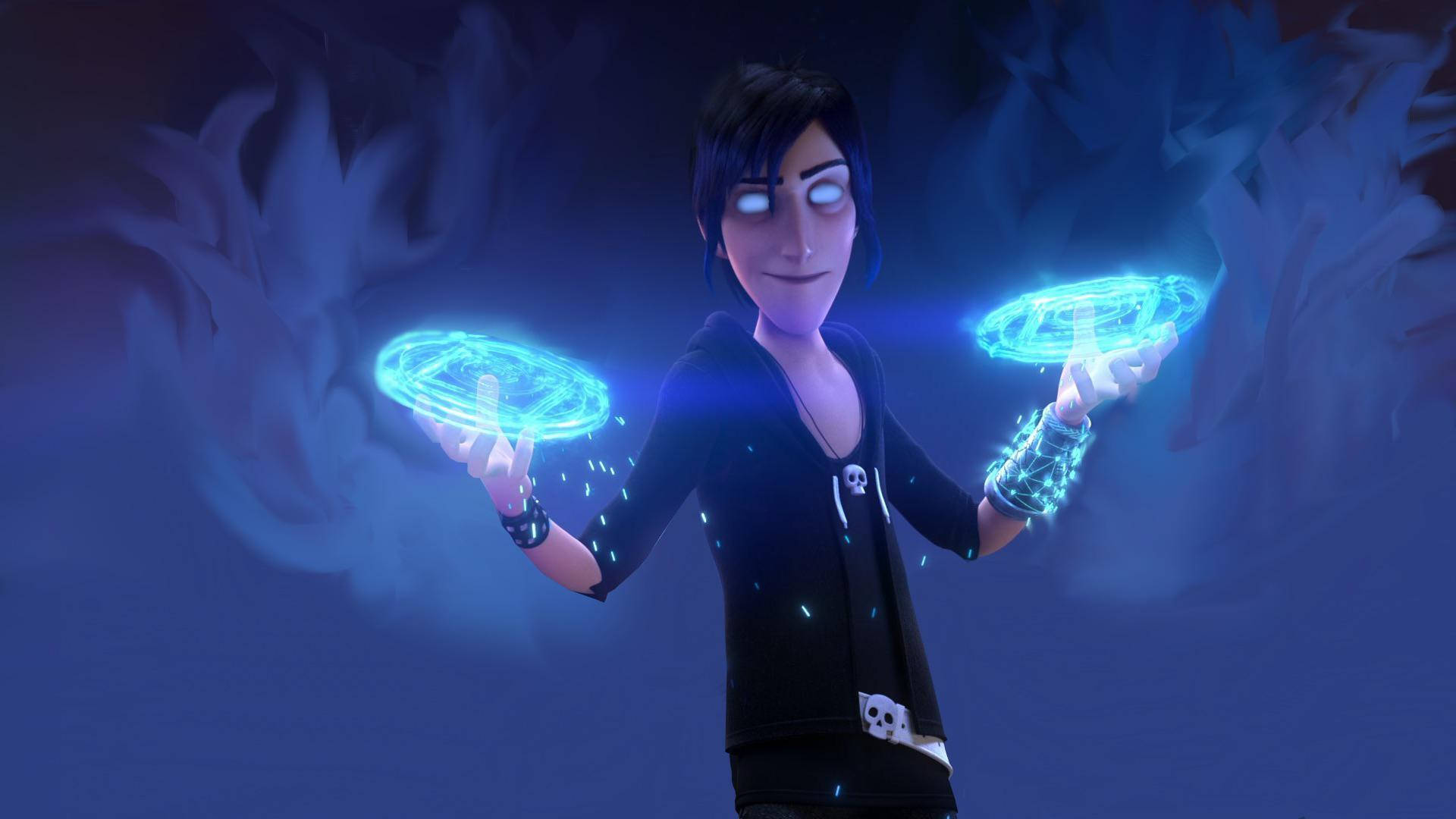 Trollhunters Tales of Arcadia, glowing blue energy discs, dark swirling background, Full HD Desktop Wallpaper