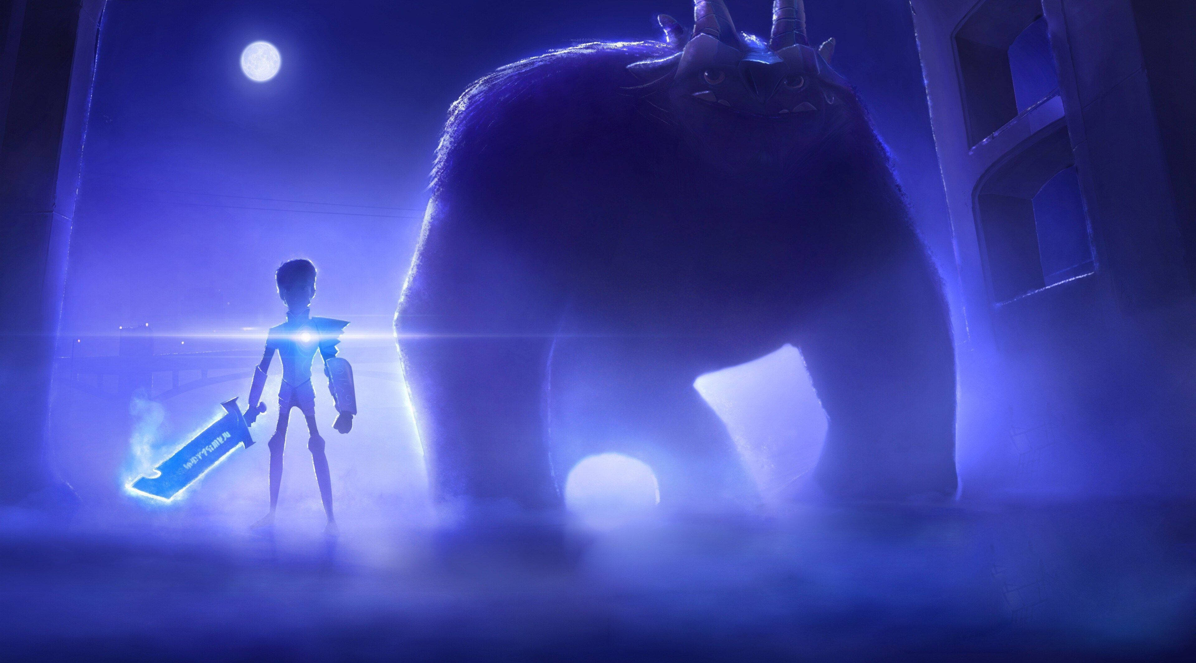 Trollhunters Tales of Arcadia, glowing sword, massive shadowy bear, 4K Desktop Wallpaper