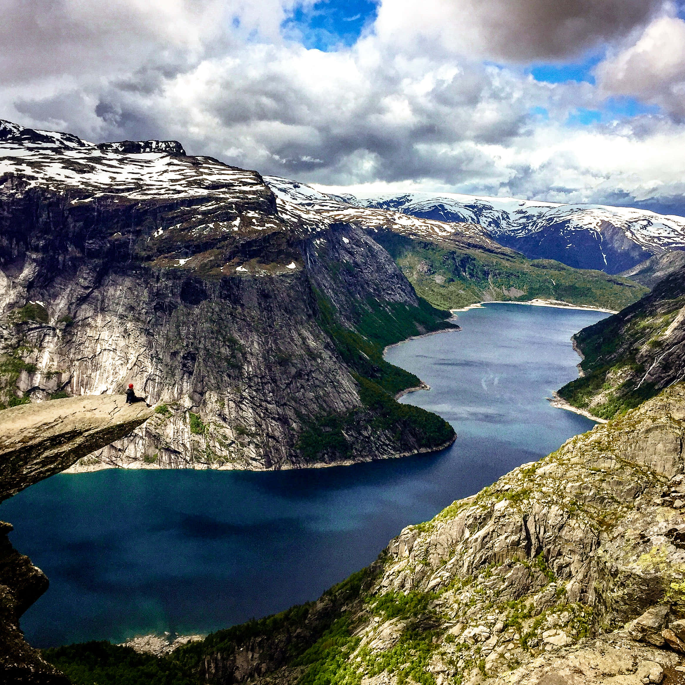 Trolltunga, deep blue fjord, snow-dusted mountains, Full HD Desktop Wallpaper