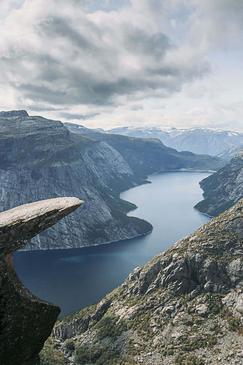 Trolltunga, dim and cloudy weather, deep blue fjord, SD Phone Wallpaper