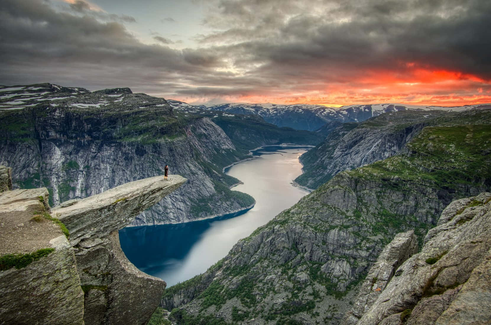 Trolltunga, bright orange sunset, deep blue fjord, HD Desktop Wallpaper