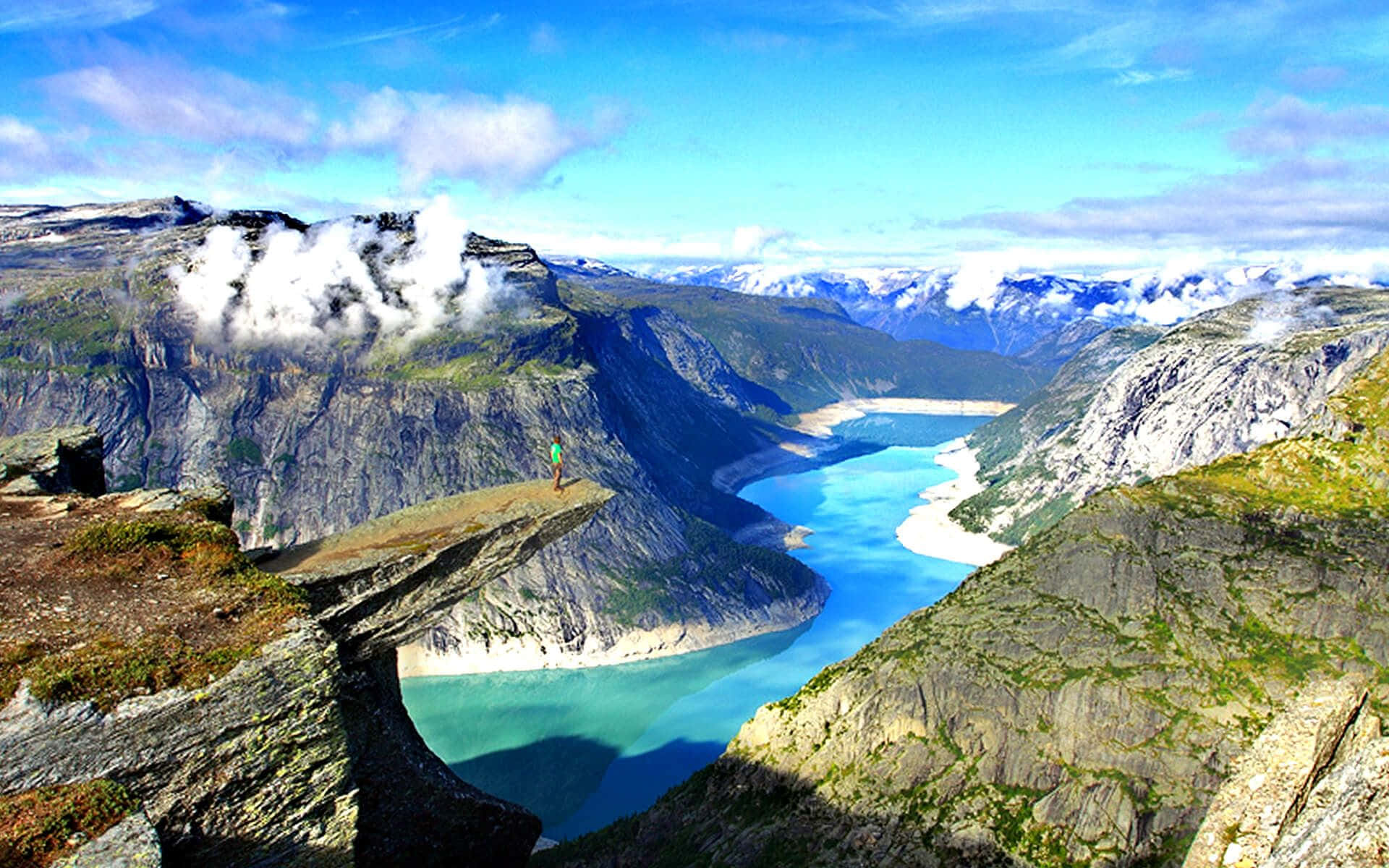 Trolltunga, vibrant turquoise fjord, towering rocky mountains, Full HD Desktop Wallpaper