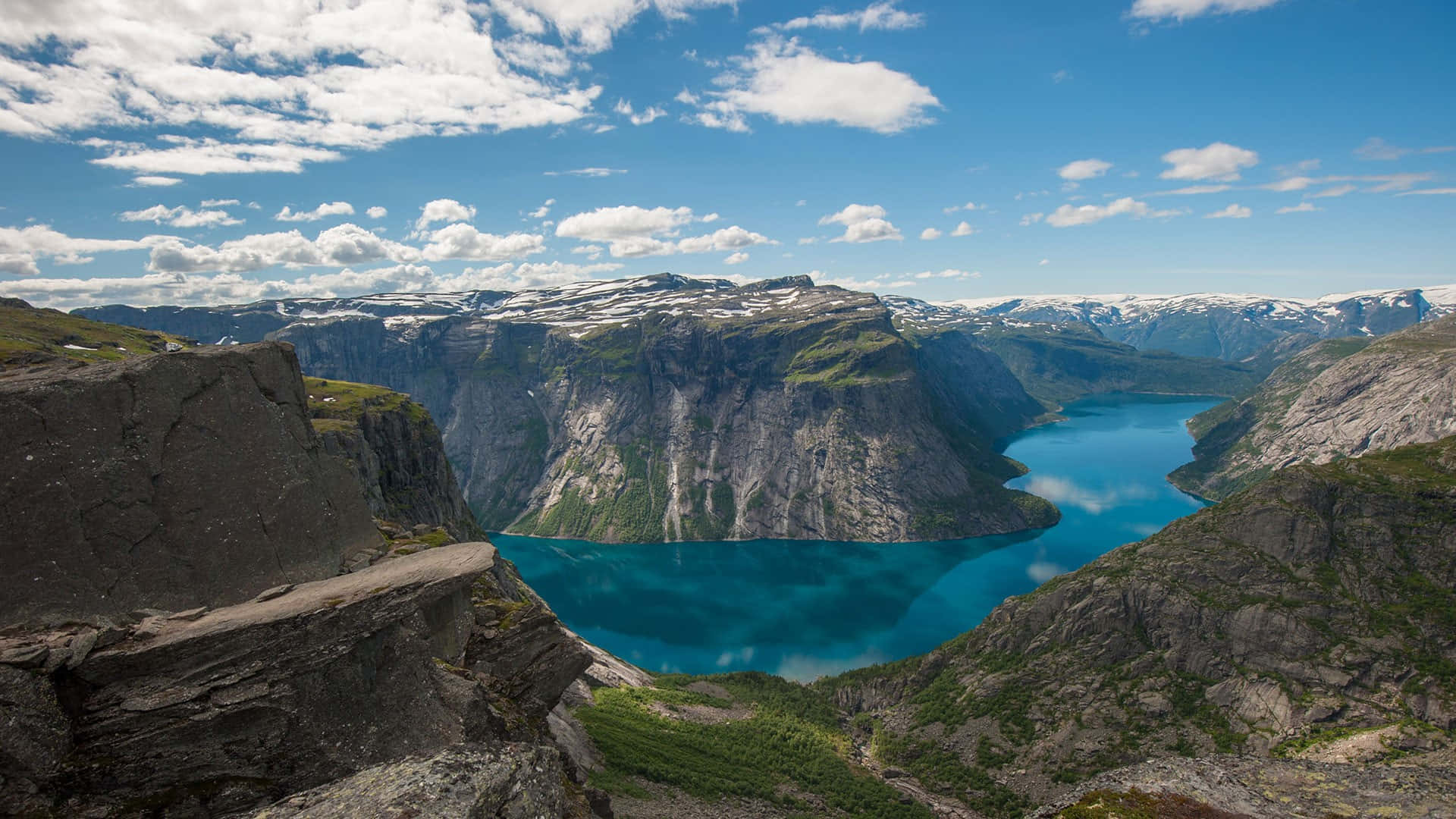 Trolltunga, deep blue fjord, towering rocky cliffs, Full HD Desktop Wallpaper