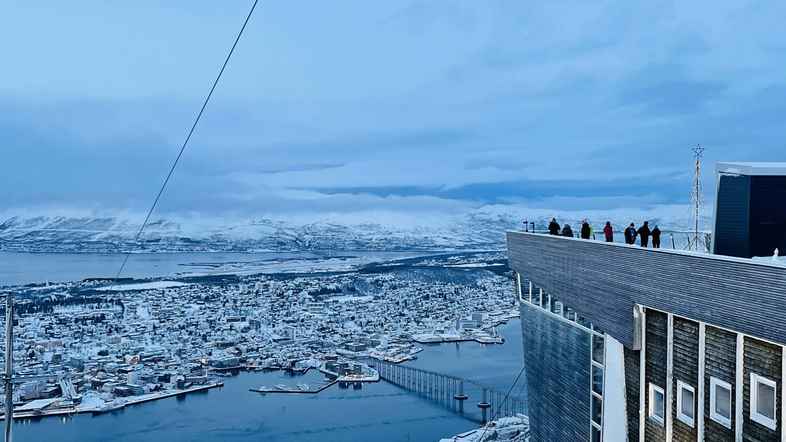 Tromsø, snowy coastal town, icy waters, 2K Desktop Wallpaper