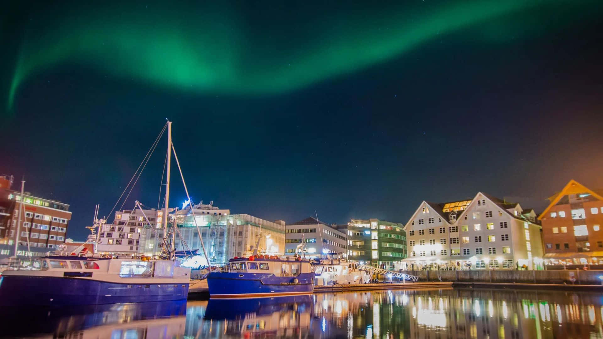 Tromsø, northern lights, harbor, Full HD Desktop Wallpaper