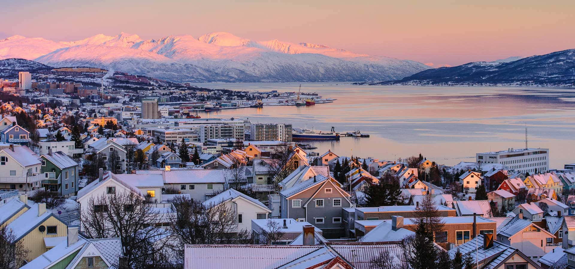 Tromsø, snow-covered, coastal town, Full HD Desktop Wallpaper