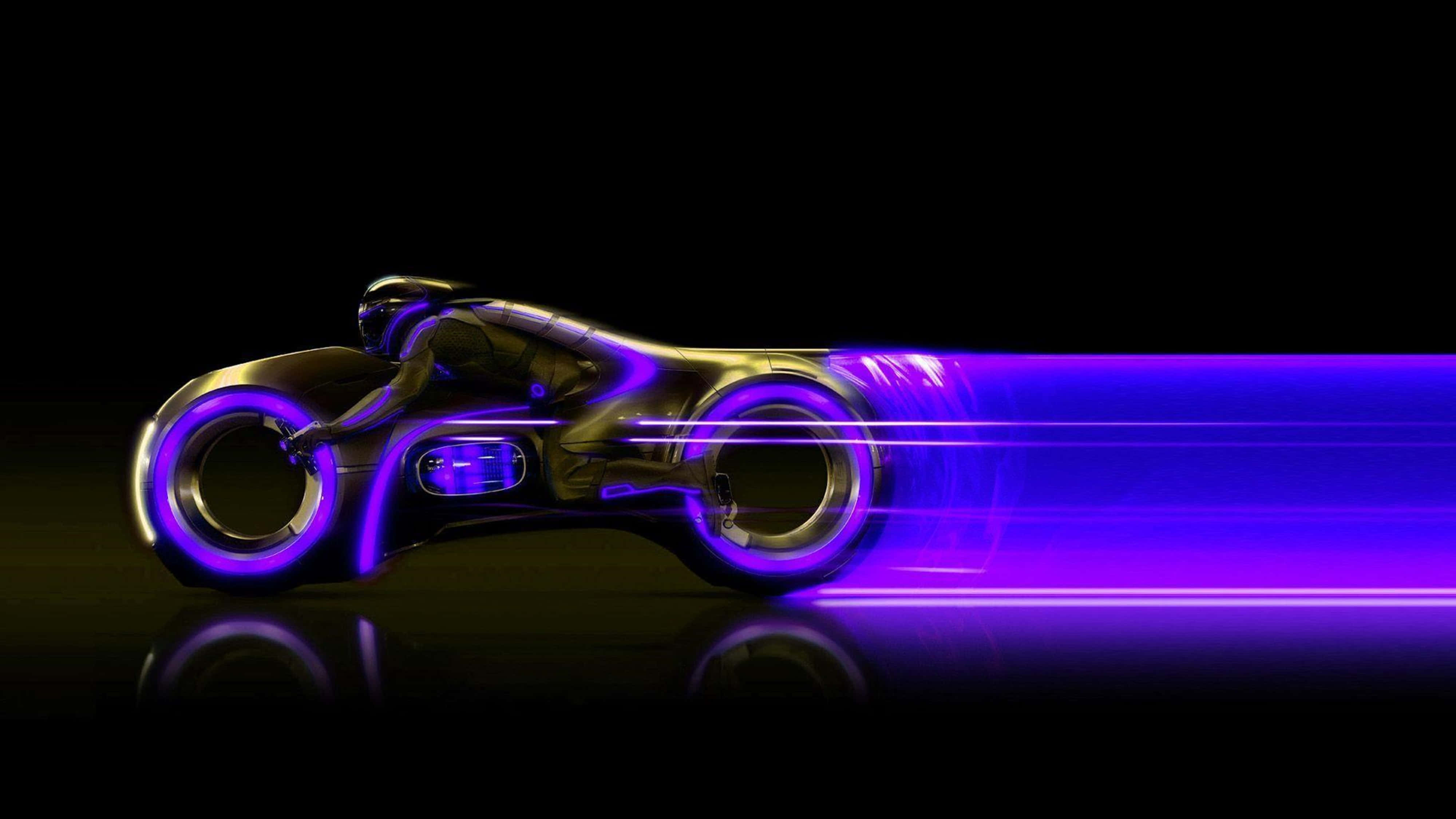 Tron 4K, futuristic motorcycle, glowing purple wheels, 4K Desktop Wallpaper