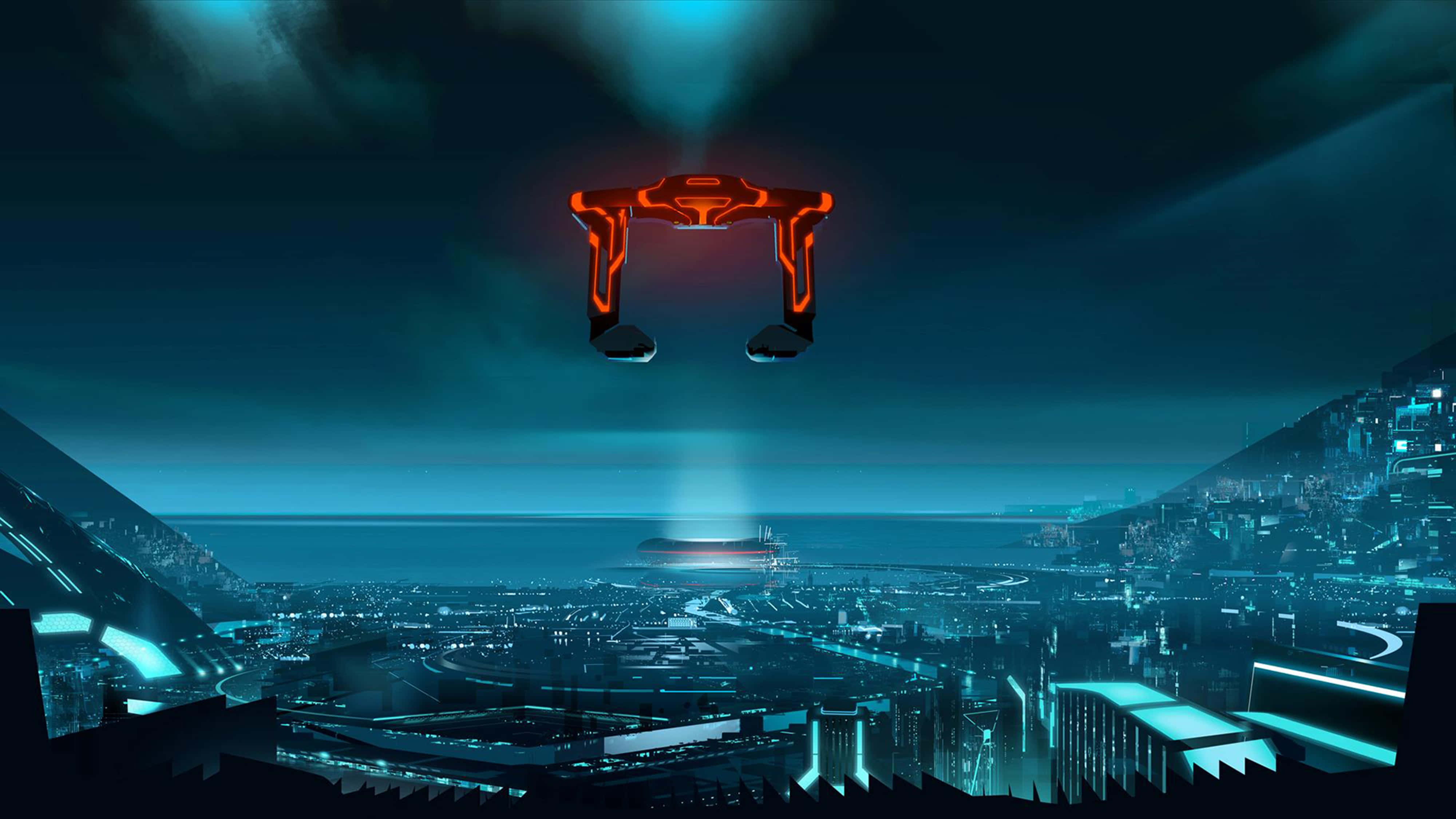 Tron, neon-lit cityscape, glowing orange futuristic drone, 4K Desktop Wallpaper