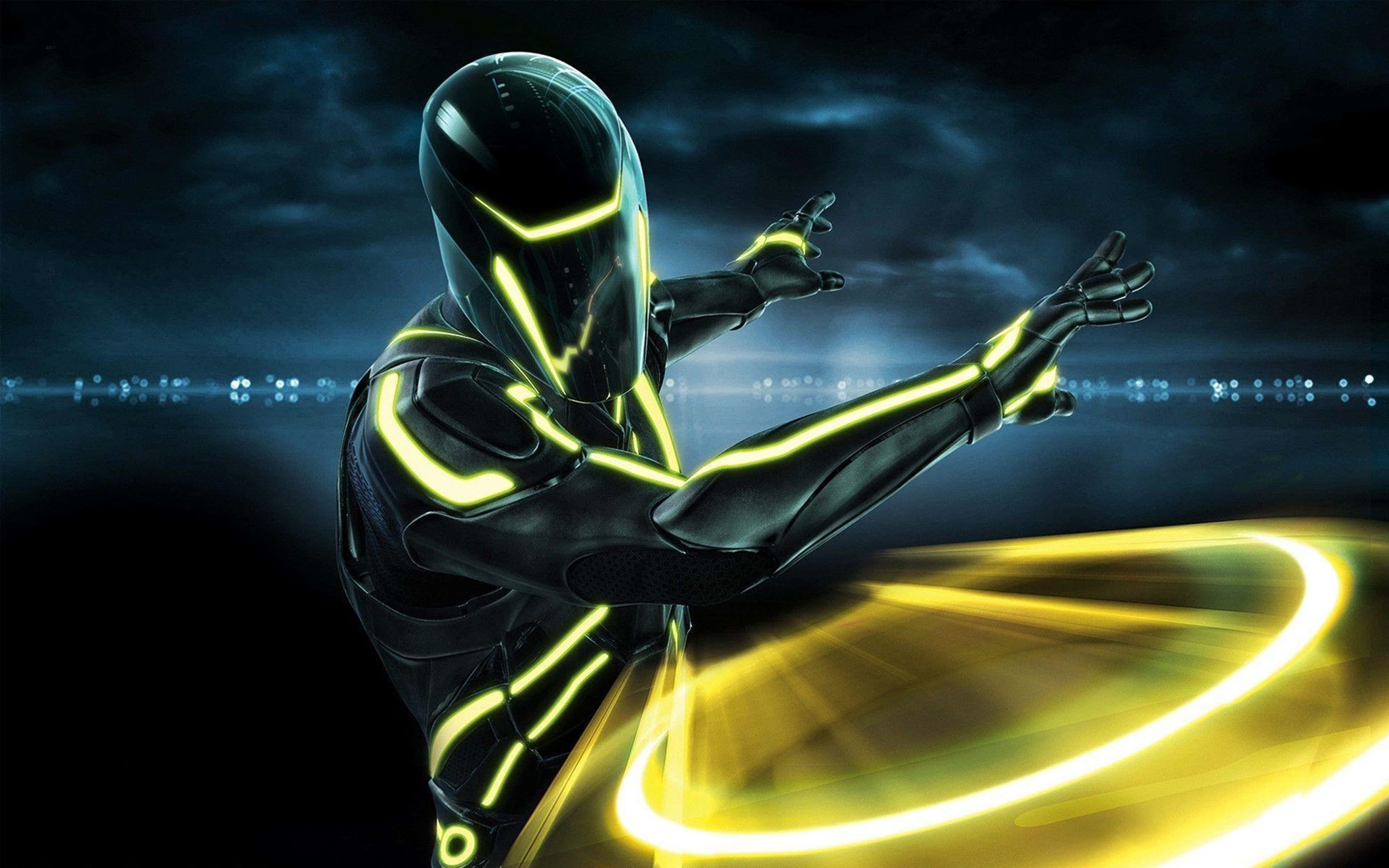Tron, yellow light disk, neon-lit cybernetic runner, 4K Desktop Wallpaper