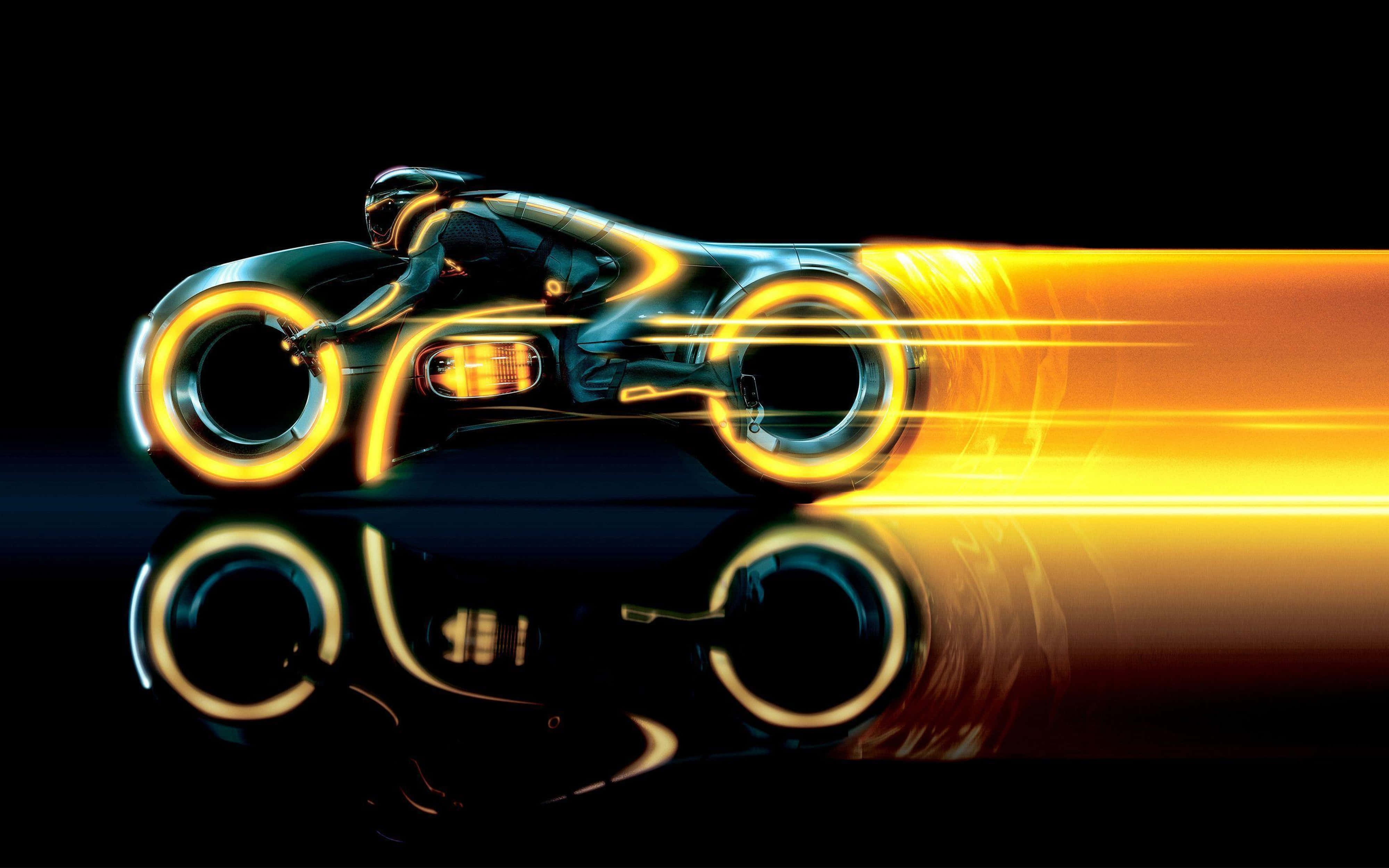 Tron 4K, futuristic motorcycle, glowing yellow wheels, 4K Desktop Wallpaper