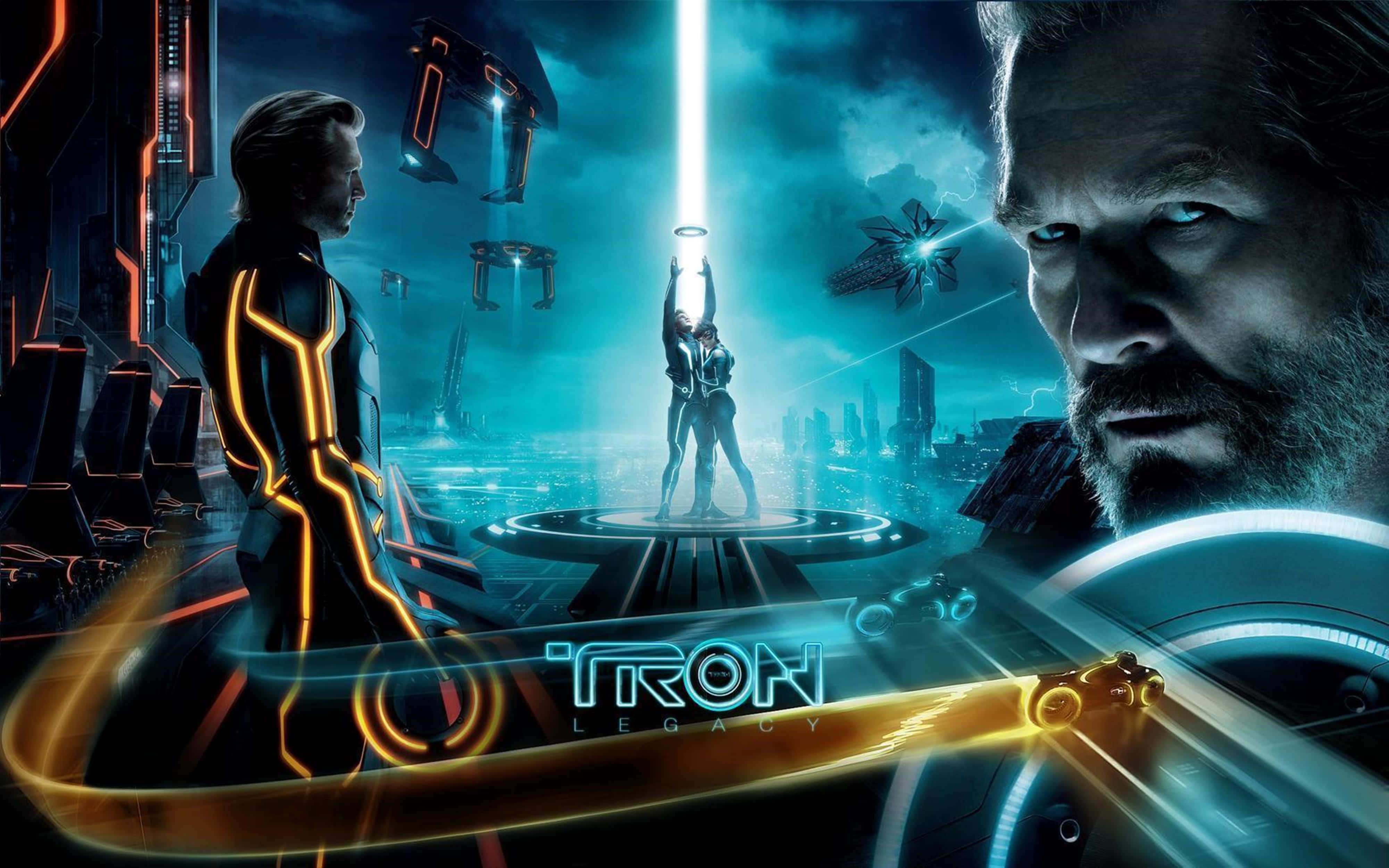 Tron, neon-lit digital city, glowing suits, 4K Desktop Wallpaper