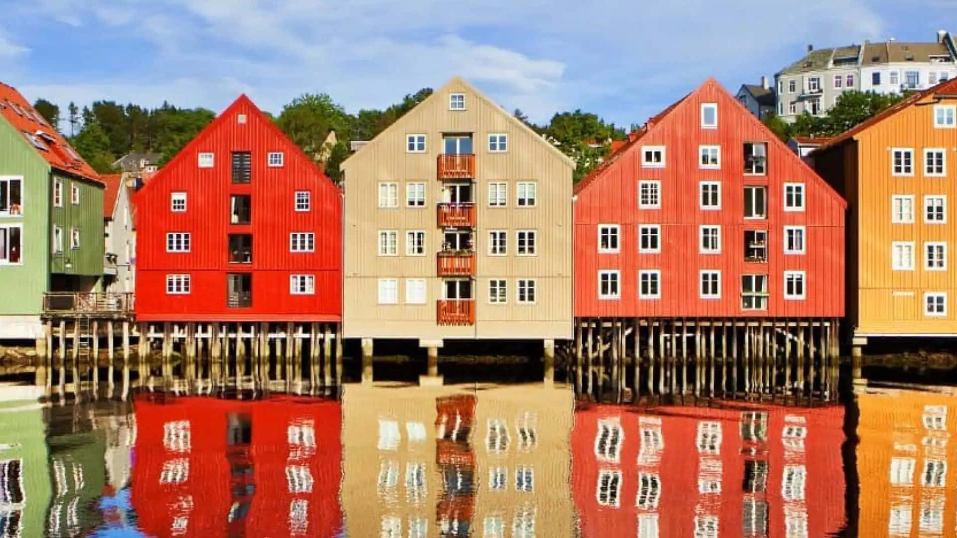 Trondheim, waterfront houses, red, Full HD Desktop Wallpaper