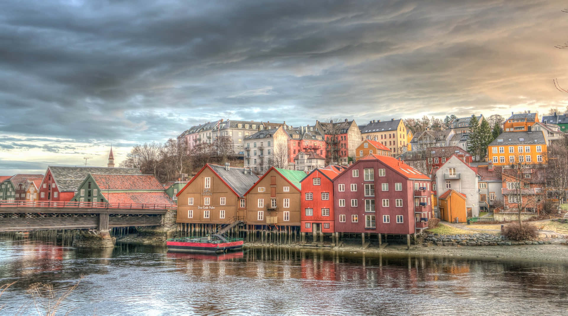 Trondheim, sunset, calm river, Full HD Desktop Wallpaper