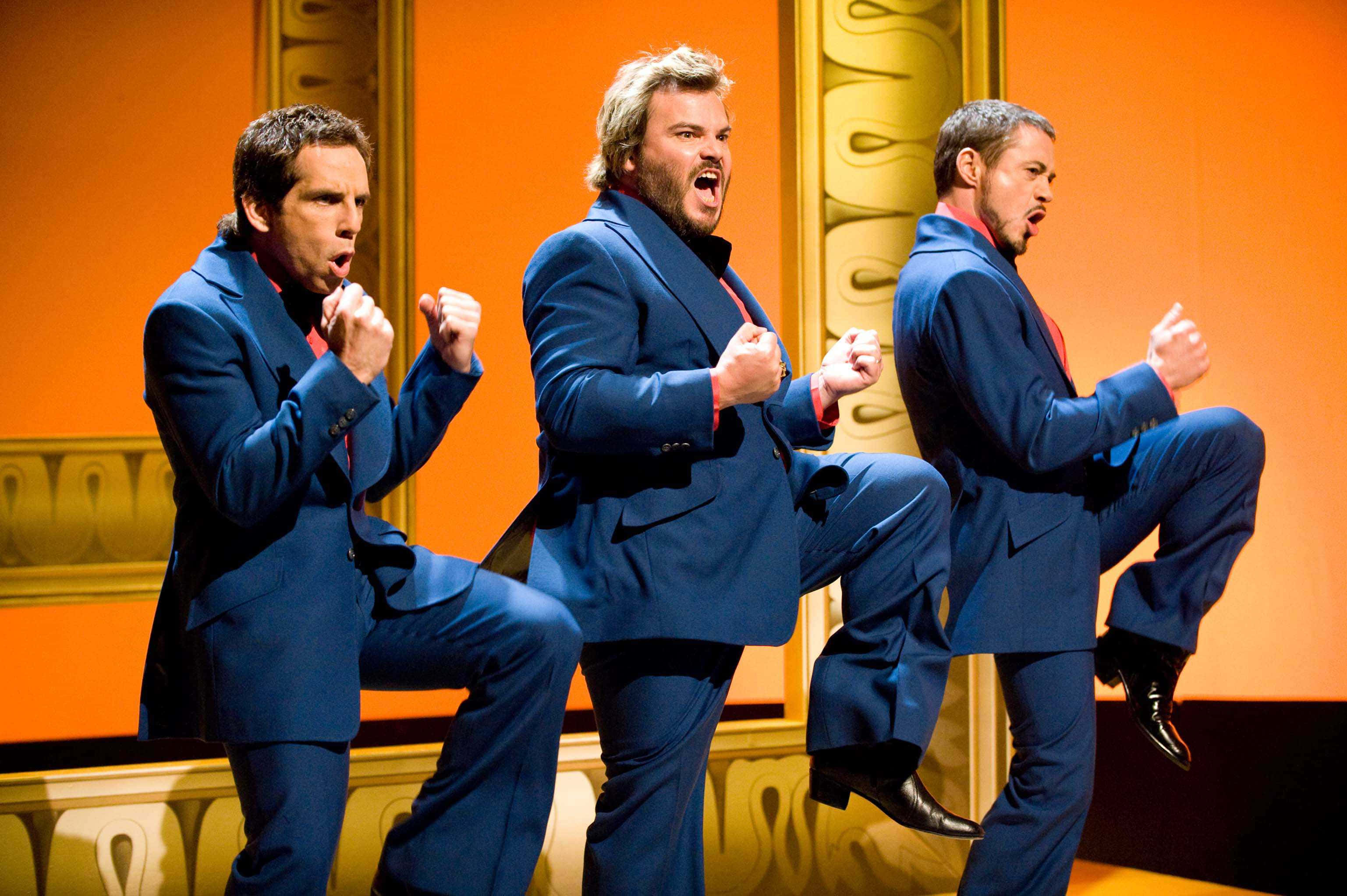 Tropic Thunder, cast dancing, blue suits, 2K Desktop Wallpaper