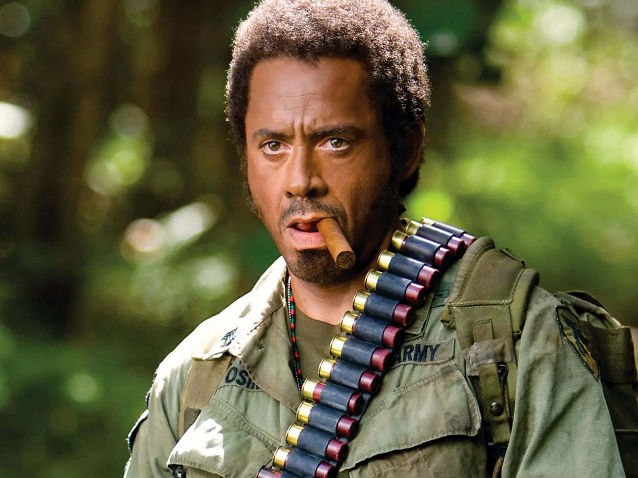 Tropic Thunder, green military jacket, bandolier of ammunition, Full HD Desktop Wallpaper