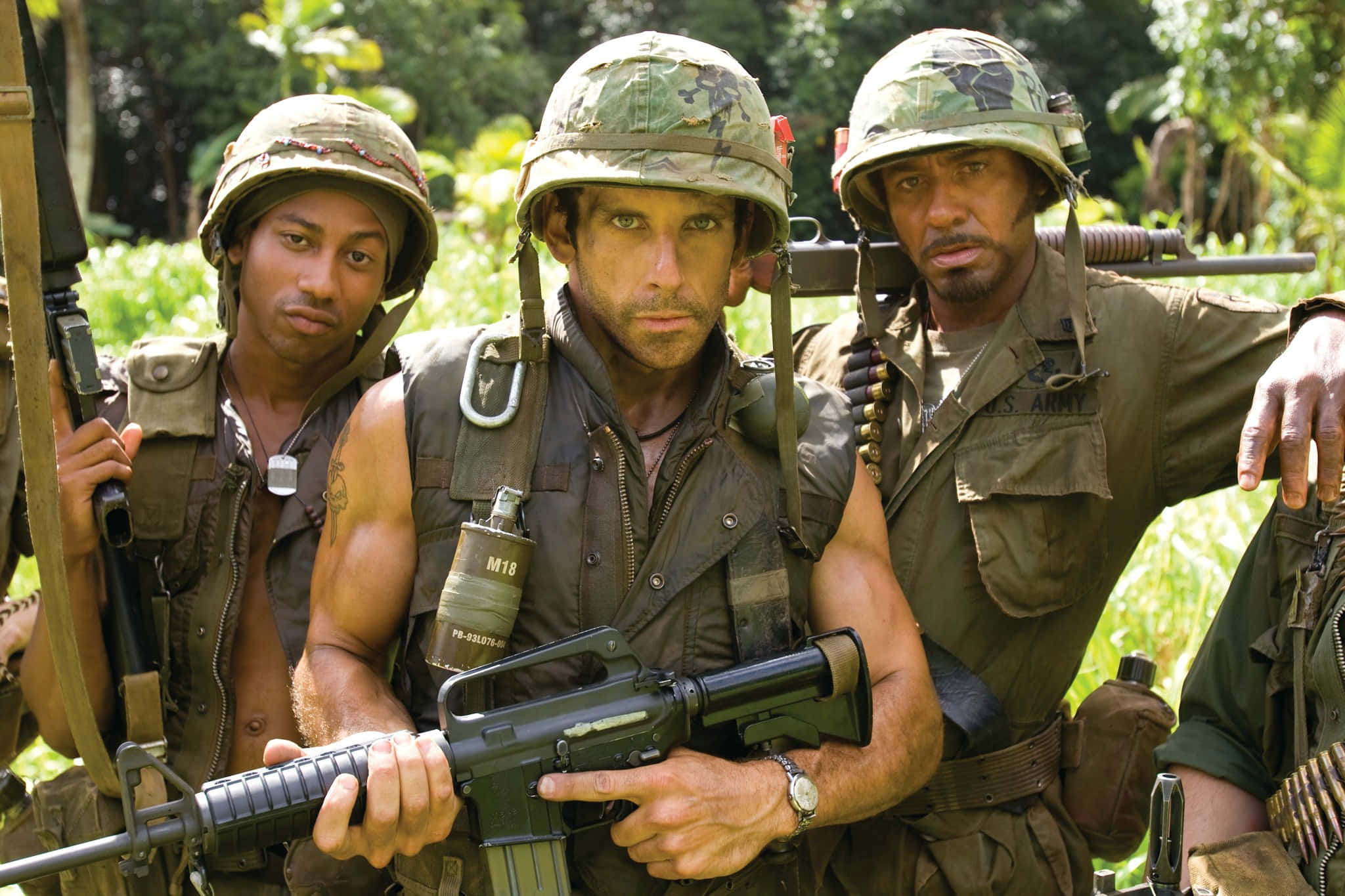 Tropic Thunder, movie characters, camouflage gear, Full HD Desktop Wallpaper