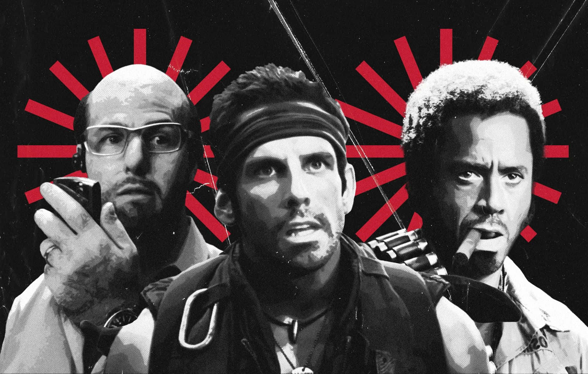 Tropic Thunder, main cast, black and white, Full HD Desktop Wallpaper