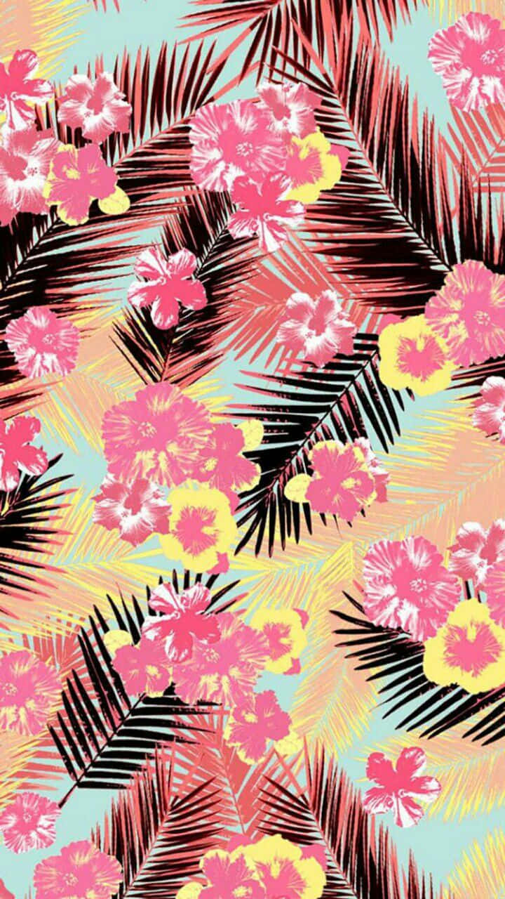 Tropical Aesthetic, hibiscus flowers, palm fronds, HD Phone Wallpaper
