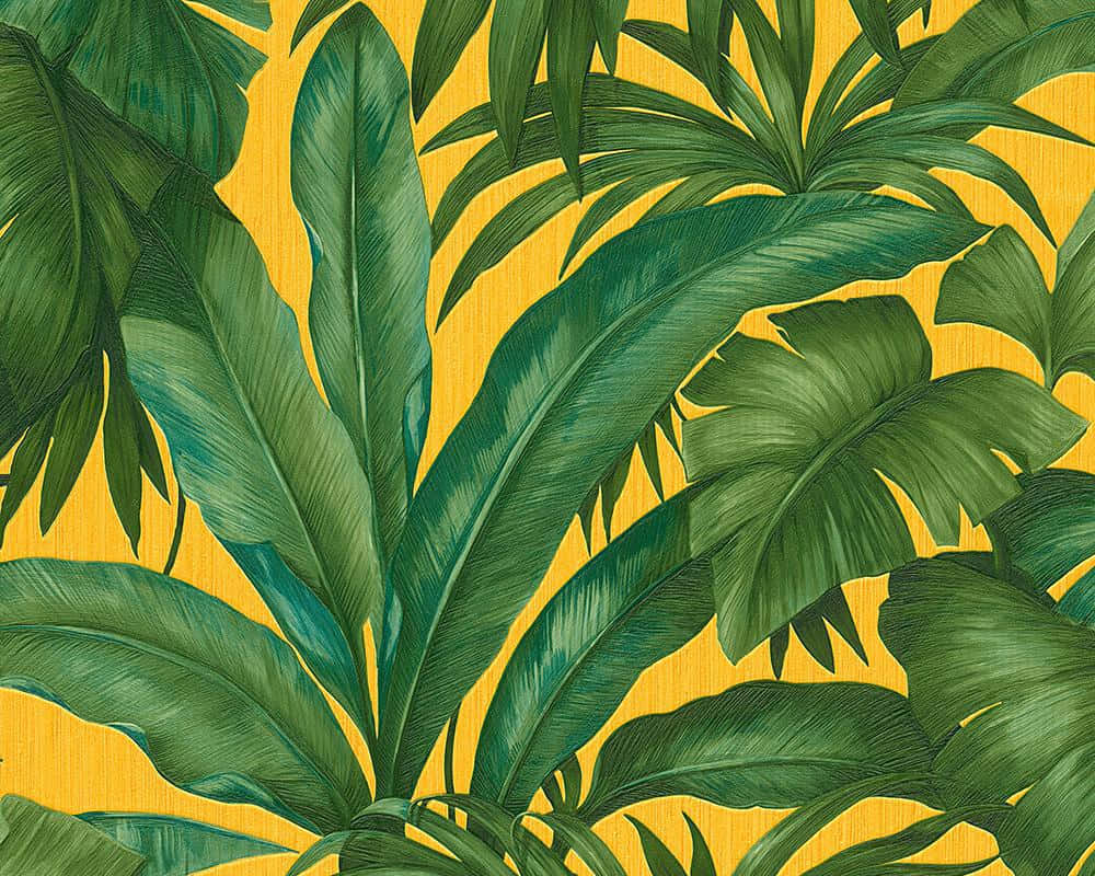 tropical plants, vibrant green tropical leaves, textured golden yellow background, SD Desktop Wallpaper