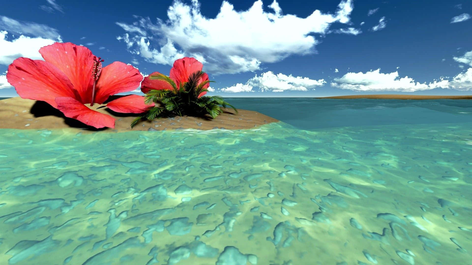 tropical islet, crystal clear turquoise water, bright blue sky, Full HD Desktop Wallpaper