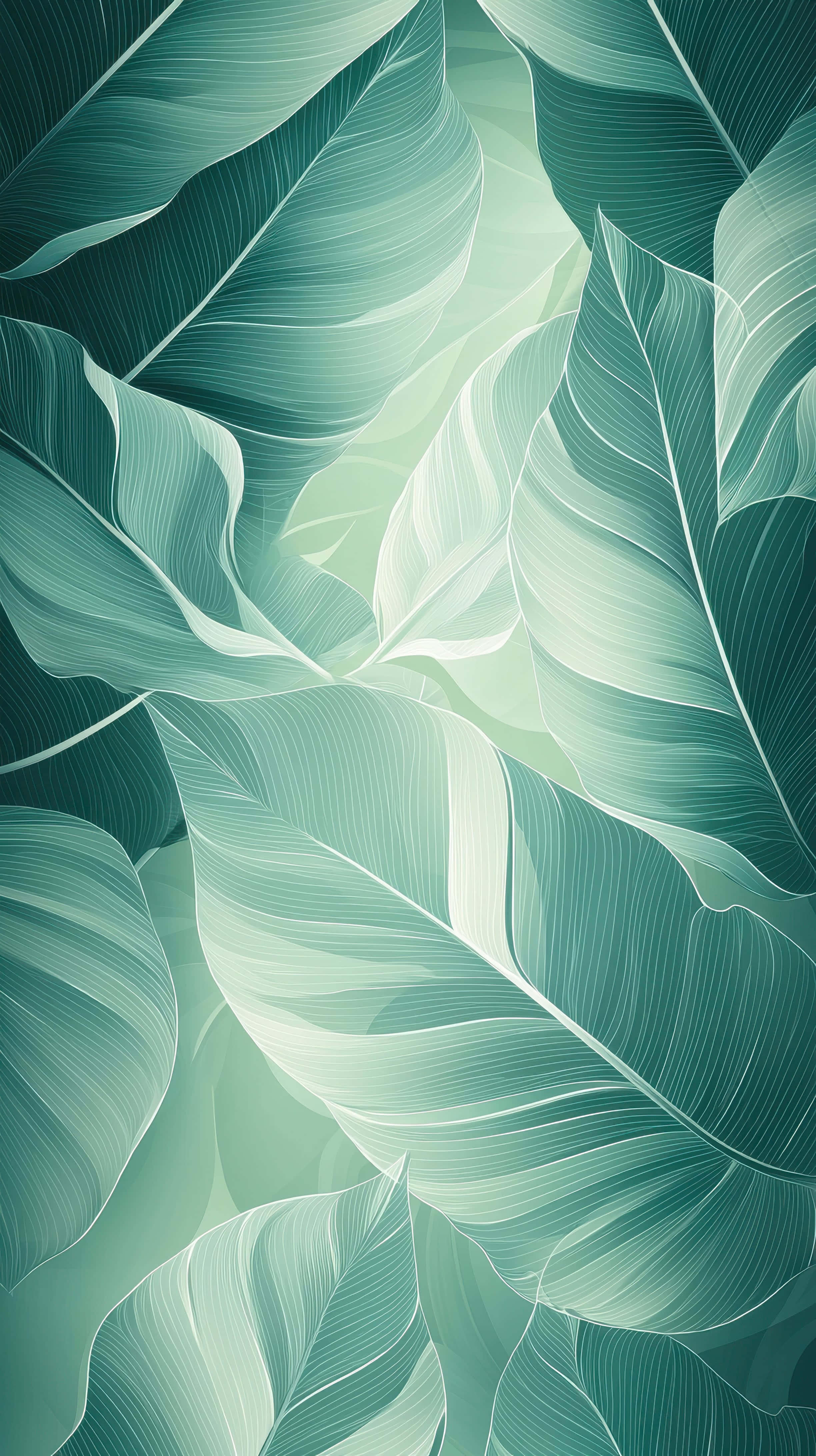 tropical green leaves, soft teal, white, 4K Phone Wallpaper
