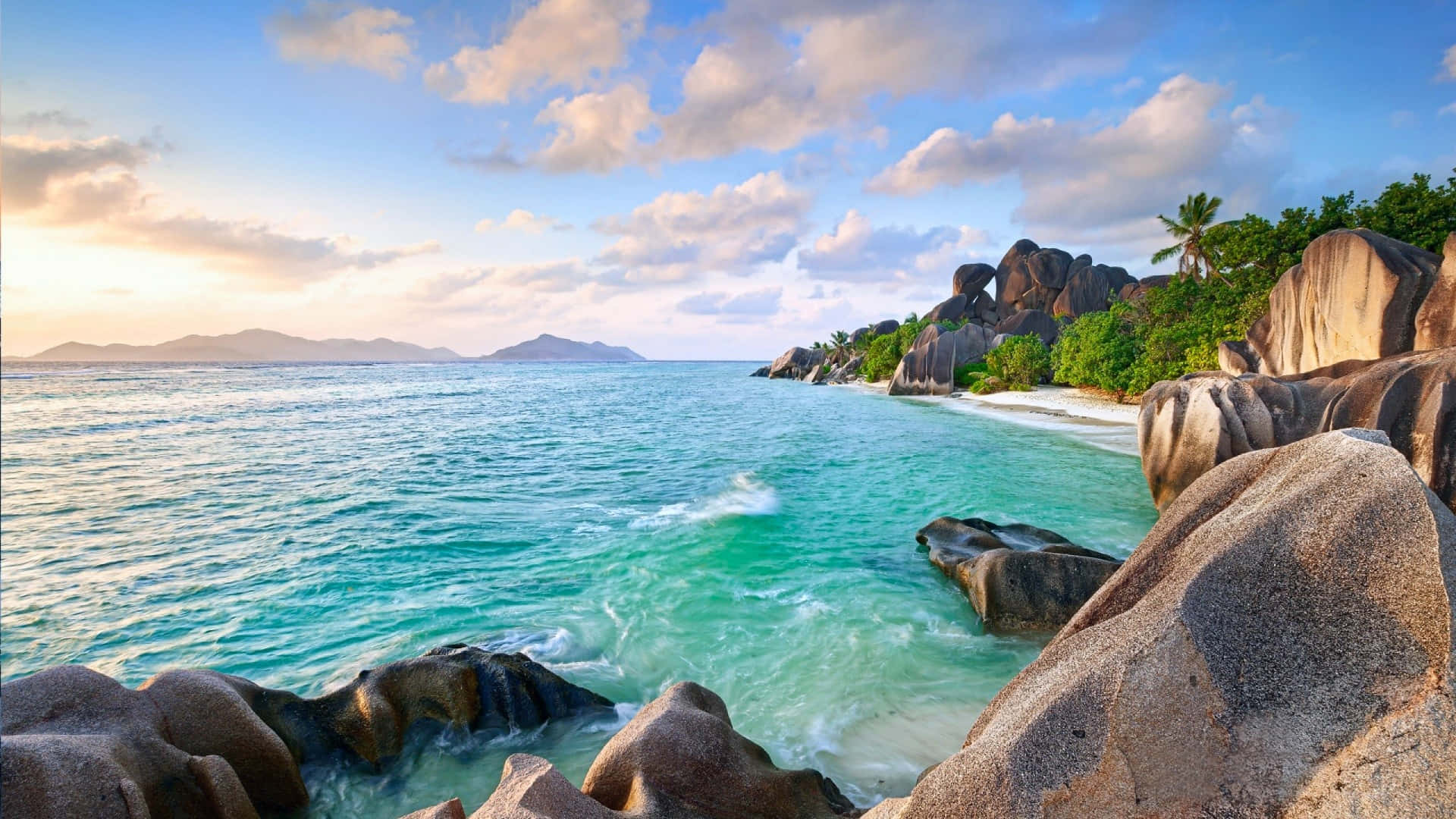 tropical beach, turquoise waters, massive granite boulders, Full HD Desktop Wallpaper