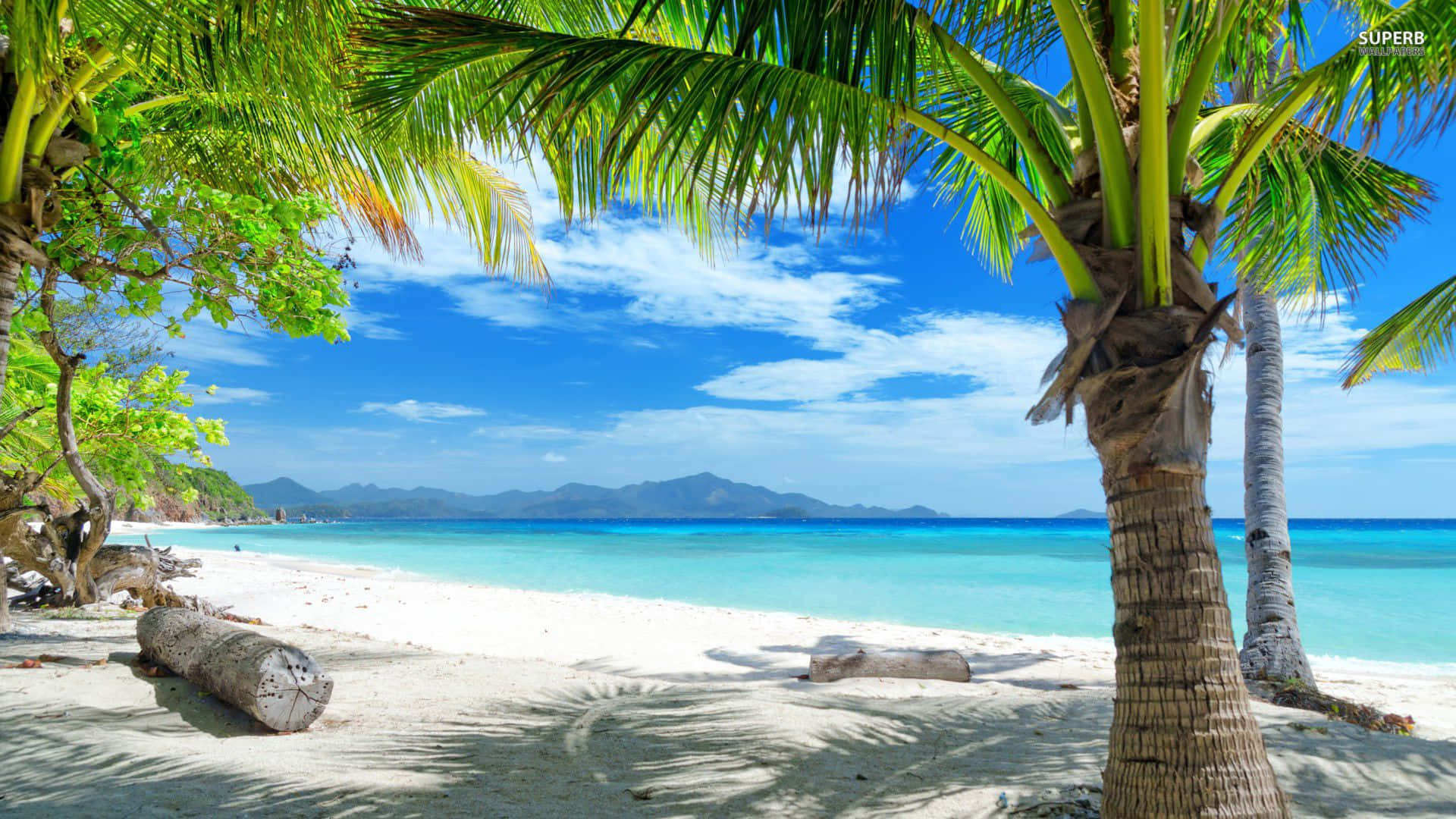 tropical beach, bright blue water, soft white sand, Full HD Desktop Wallpaper