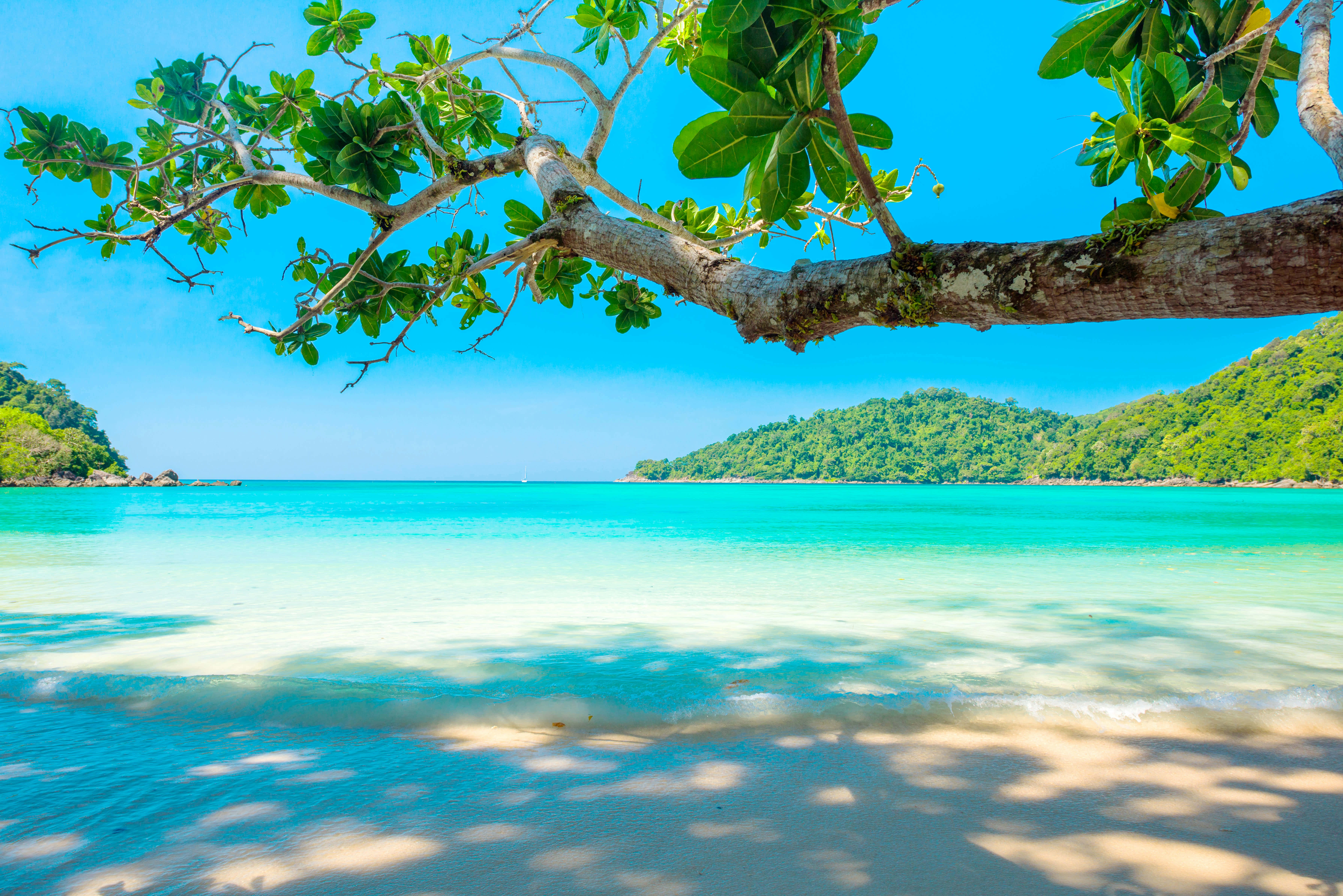 tropical beach scenes, turquoise waters, lush green hills, 5K Desktop Wallpaper