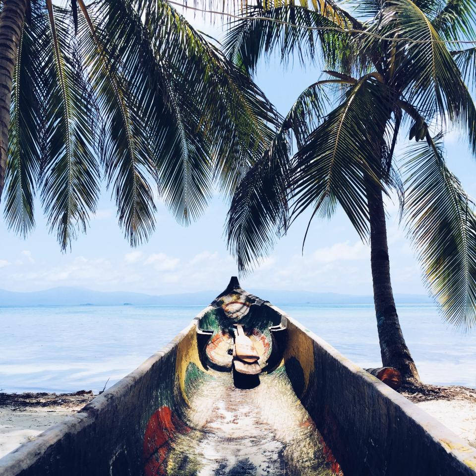 tropical beach, canoe, sandy beach, SD Desktop Wallpaper