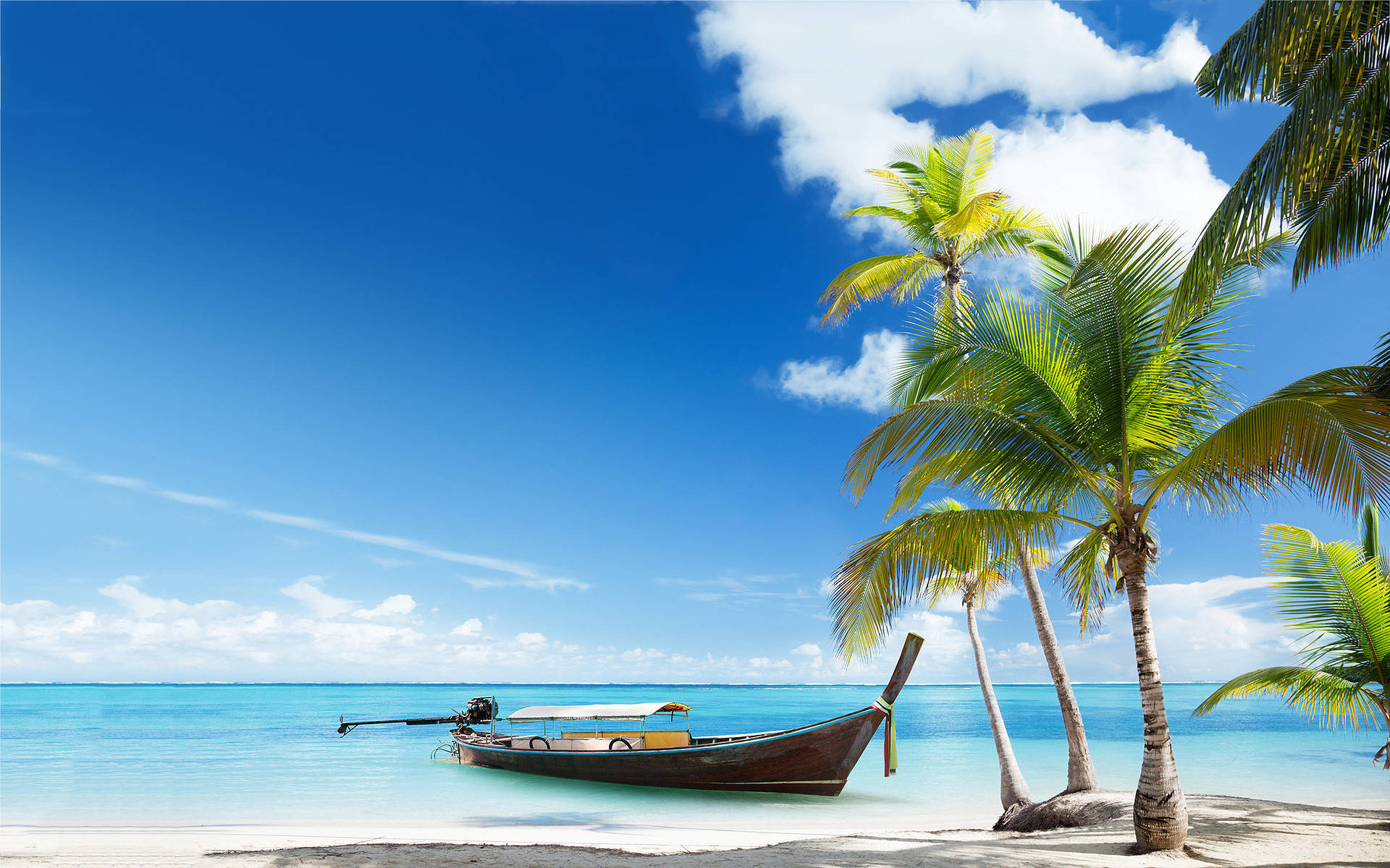 tropical beach, longtail boat, white sand beach, Full HD Desktop Wallpaper