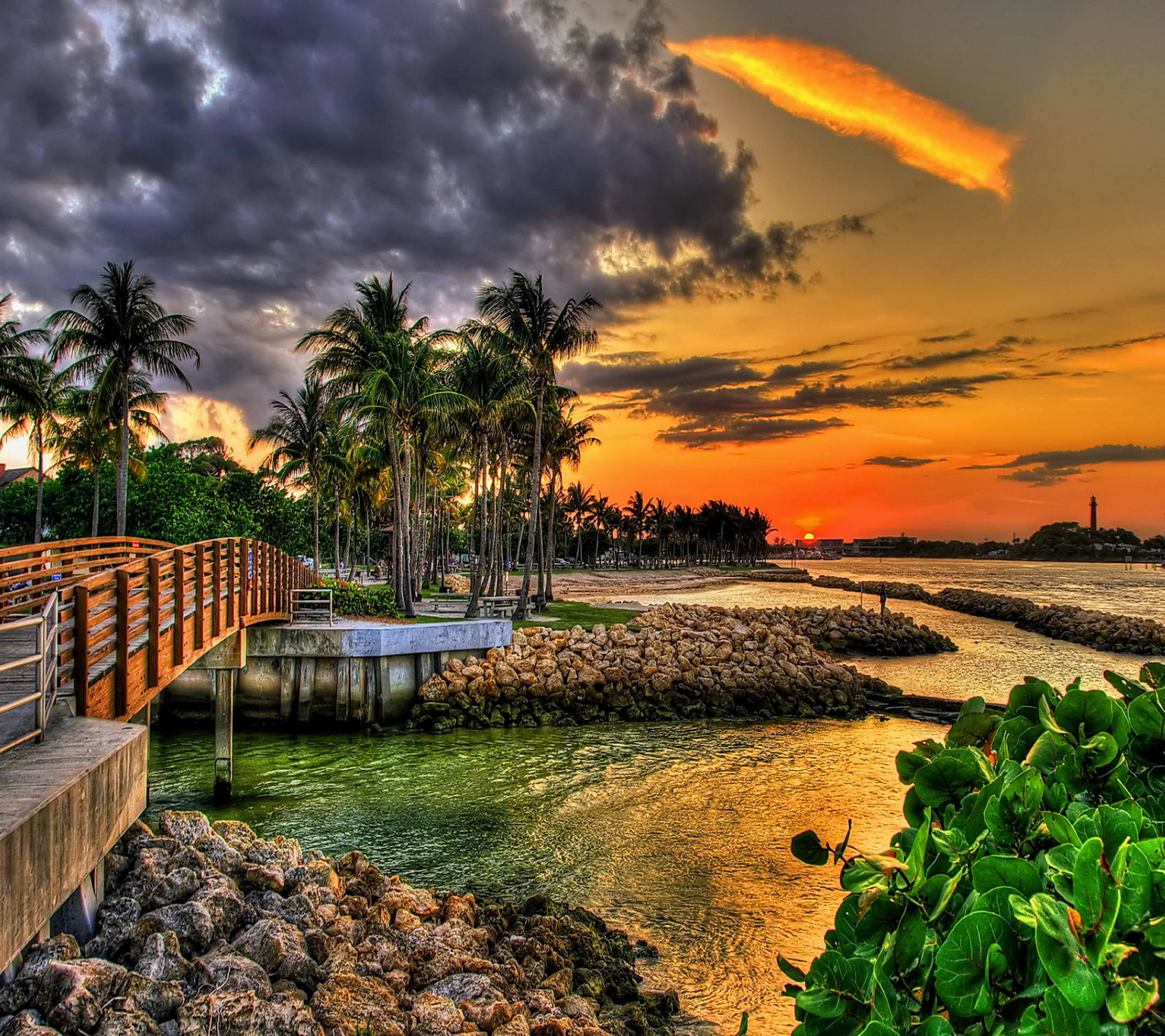 Sunset By The Bridge, tropical waterfront, palm trees, Full HD Desktop Wallpaper