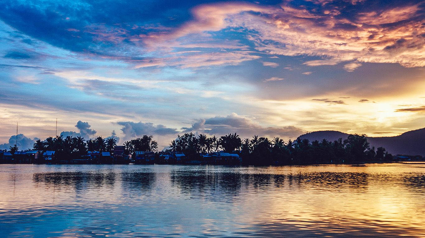 tropical sunset, calm tropical waterway, palm trees, HD Desktop Wallpaper